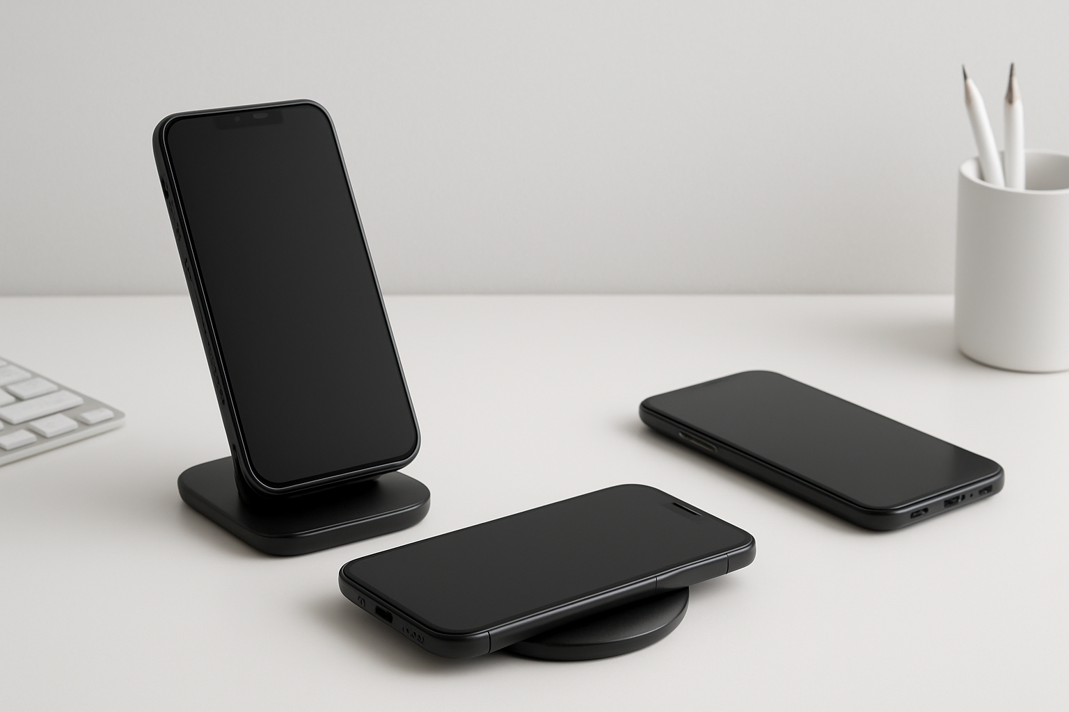 Create a realistic image of a modern, clean desk setup featuring multiple wireless charging pads with smartphones placed on them, including a sleek wireless charging stand holding a phone upright and a flat wireless charging pad with another phone lying on it, surrounded by a notably clutter-free environment with no visible charging cables, set against a minimalist white or light gray background with soft, even lighting that emphasizes the organized and tidy workspace, absolutely NO text should be in the scene.
