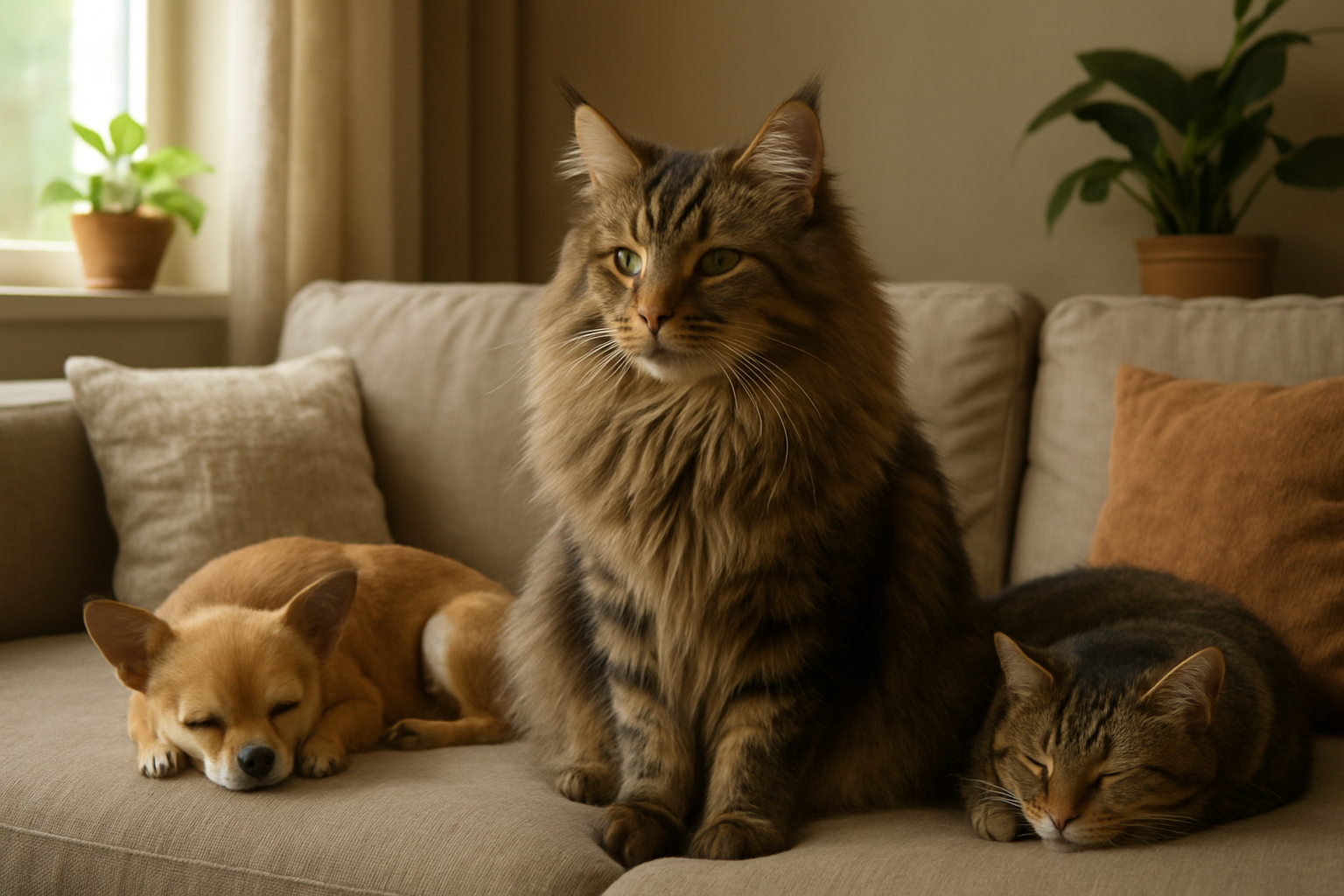 Create a realistic image of a large Maine Coon cat peacefully coexisting with other household pets including a small dog and another cat in a cozy living room setting, showing the Maine Coon's gentle nature as it sits calmly while the smaller animals rest nearby on a comfortable sofa, with warm natural lighting from a window creating a harmonious and tolerant atmosphere between all the animals, soft home decor in the background including cushions and plants, capturing the essence of successful pet integration and peaceful cohabitation, absolutely NO text should be in the scene.