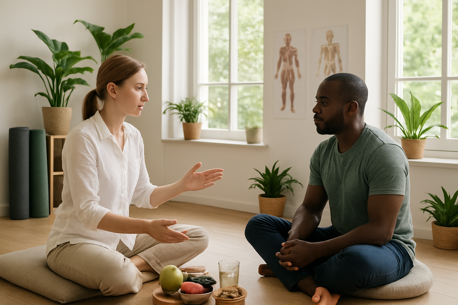 Create a realistic image of a serene wellness center scene showing the integration of holistic health approaches, featuring a diverse group including a white female practitioner and a black male client in a consultation setting, surrounded by complementary elements like yoga mats, healthy foods, meditation cushions, anatomical charts, and natural plants, set in a bright, naturally-lit room with large windows, conveying a peaceful and balanced atmosphere that represents comprehensive mind-body health integration, absolutely NO text should be in the scene.