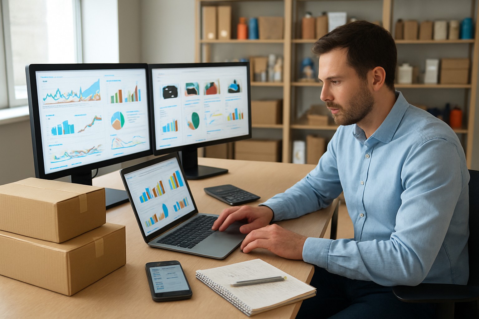 Create a realistic image of a modern workspace showing multiple computer screens displaying eBay marketplace analytics dashboards with colorful graphs, charts, and product listings, a white male entrepreneur in business casual attire analyzing data on a laptop, packages and shipping boxes scattered on a clean desk, smartphone showing order notifications, calculator and notepad with handwritten numbers, bright natural lighting from a window, professional office environment with shelves containing various retail products in the background, conveying a busy but organized dropshipping business atmosphere, absolutely NO text should be in the scene.
