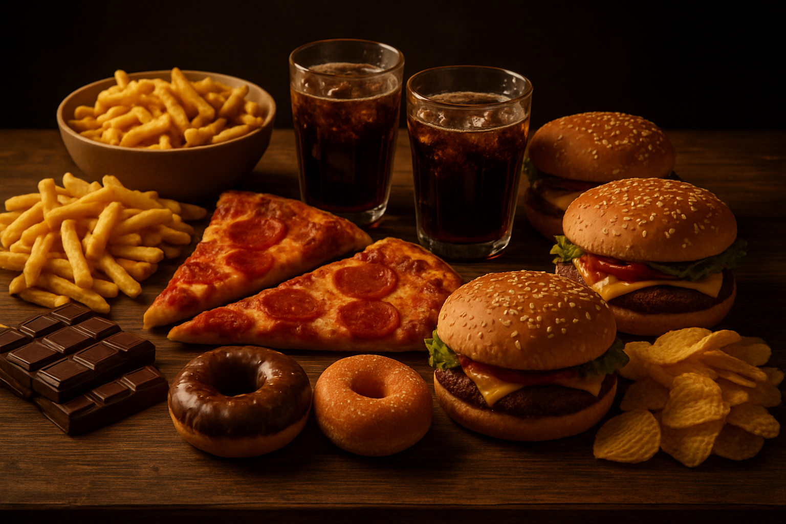 Create a realistic image of a table spread with various tempting unhealthy foods including pizza slices, hamburgers, french fries, chocolate bars, donuts, sugary sodas, and processed snacks arranged in an appetizing but overwhelming display, with warm golden lighting casting shadows across the wooden table surface, creating a mood of indulgence and temptation, shot from a slightly elevated angle to show the abundance of food items, with a dark blurred background to focus attention on the tempting feast, absolutely NO text should be in the scene.