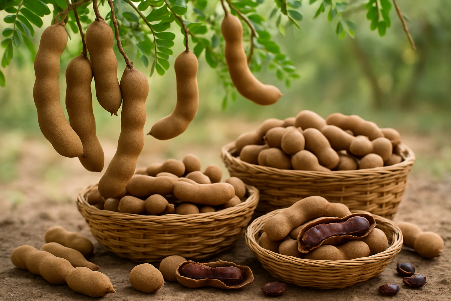 Create a realistic image of fresh tamarind pods being harvested and processed, showing brown curved tamarind pods hanging from tree branches in the foreground, with some pods already picked and placed in woven baskets, alongside cracked open pods revealing the dark brown pulp and seeds inside, set against a natural outdoor background with soft natural lighting, showing the traditional harvesting and processing stages of tamarinds, absolutely NO text should be in the scene.