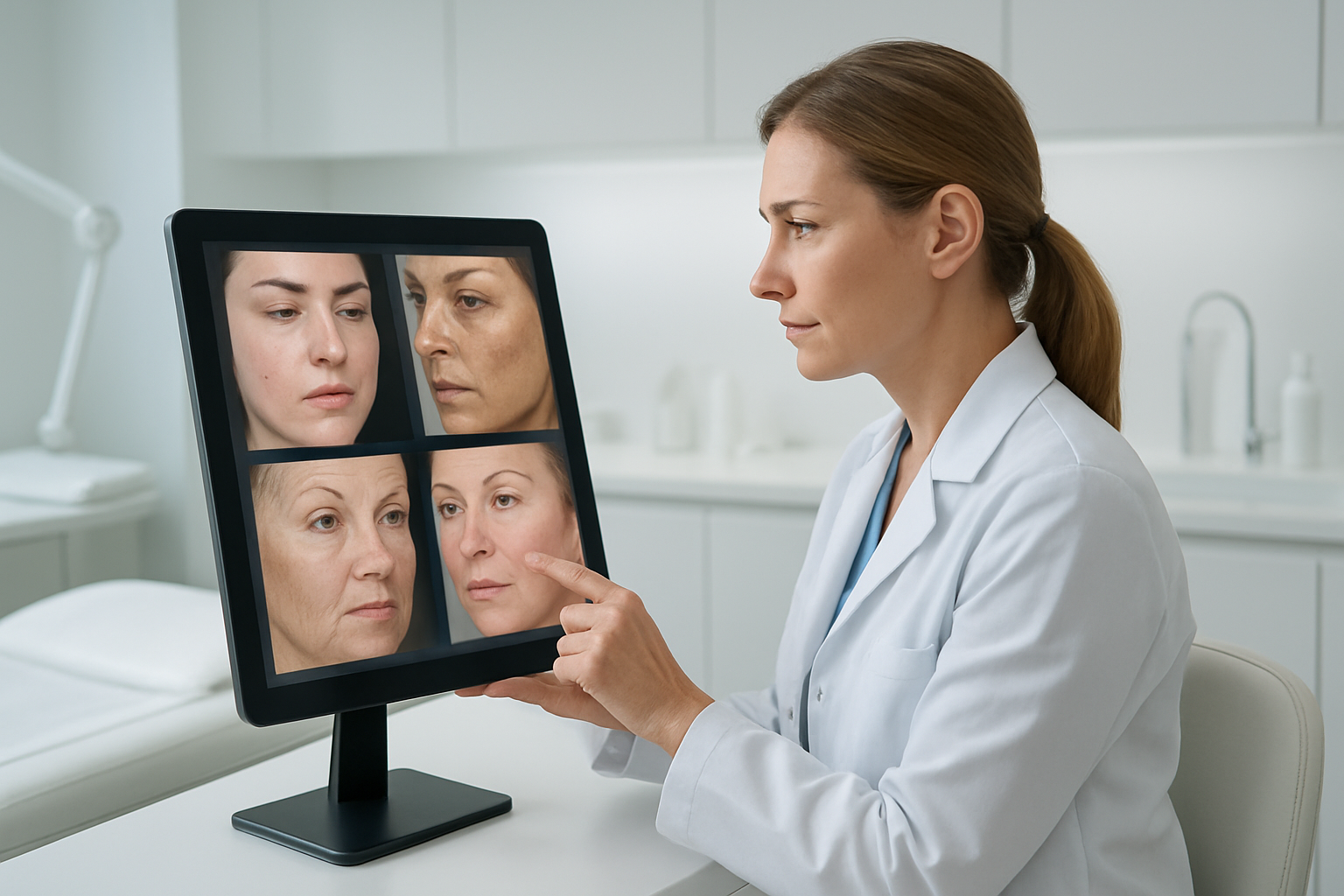 Create a realistic image of a modern dermatology clinic consultation room with a professional white female dermatologist examining various skin condition charts and treatment options displayed on a tablet or medical monitor, featuring close-up examples of common skin concerns like acne, pigmentation, and aging signs, with medical equipment and skincare products visible on clean white counters, bright clinical lighting, sterile medical environment with contemporary furniture, and a calm professional atmosphere. Absolutely NO text should be in the scene.