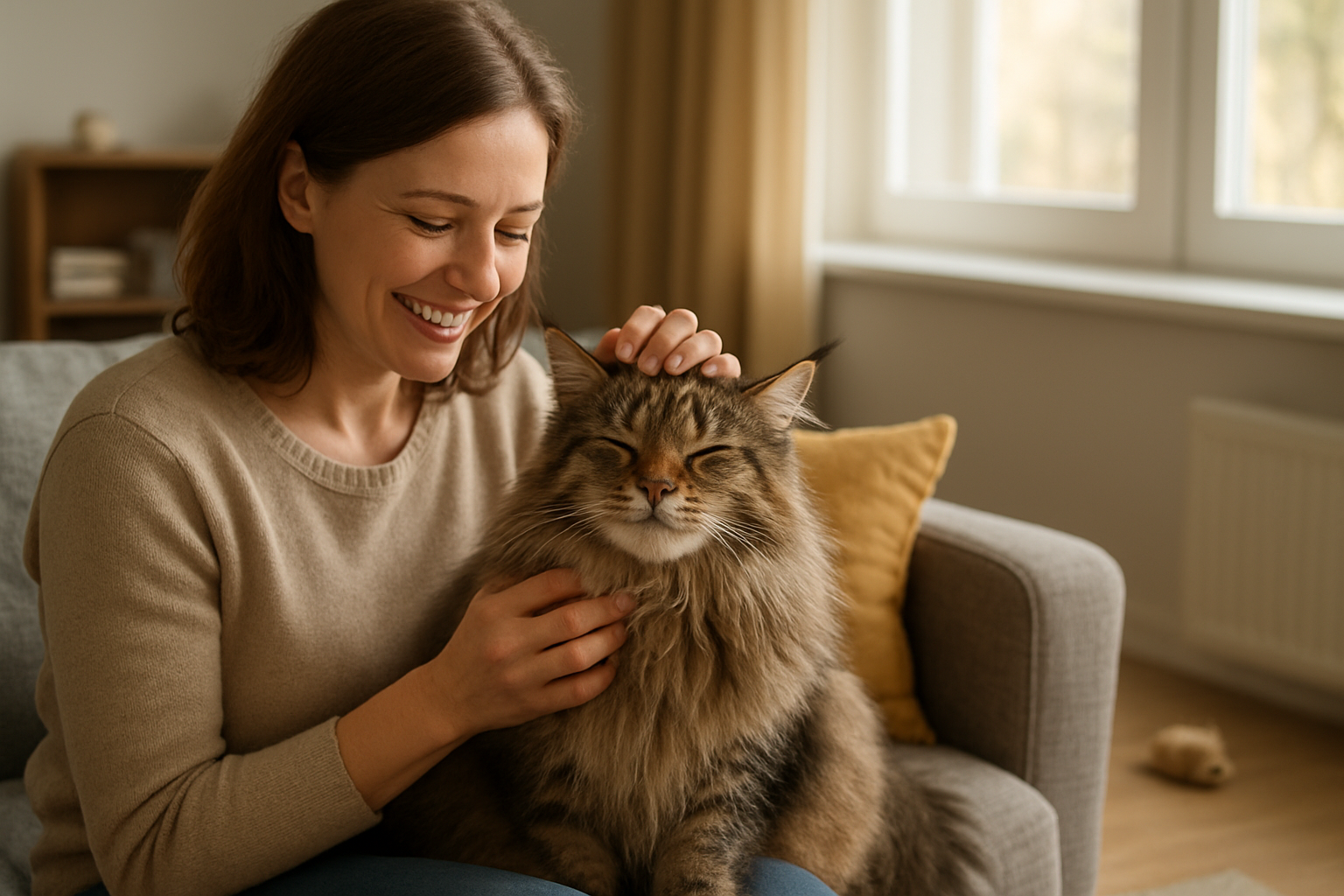 Create a realistic image of a heartwarming scene showing a white female adult gently petting a beautiful Maine Coon cat with long fluffy fur in a cozy living room, with the woman smiling warmly as the large cat purrs contentedly in her lap, soft natural lighting streaming through a window creating a peaceful atmosphere, comfortable furniture and cat toys visible in the background suggesting a welcoming new home environment, capturing the essence of mutual happiness and the beginning of a beautiful bond between human and feline, absolutely NO text should be in the scene.