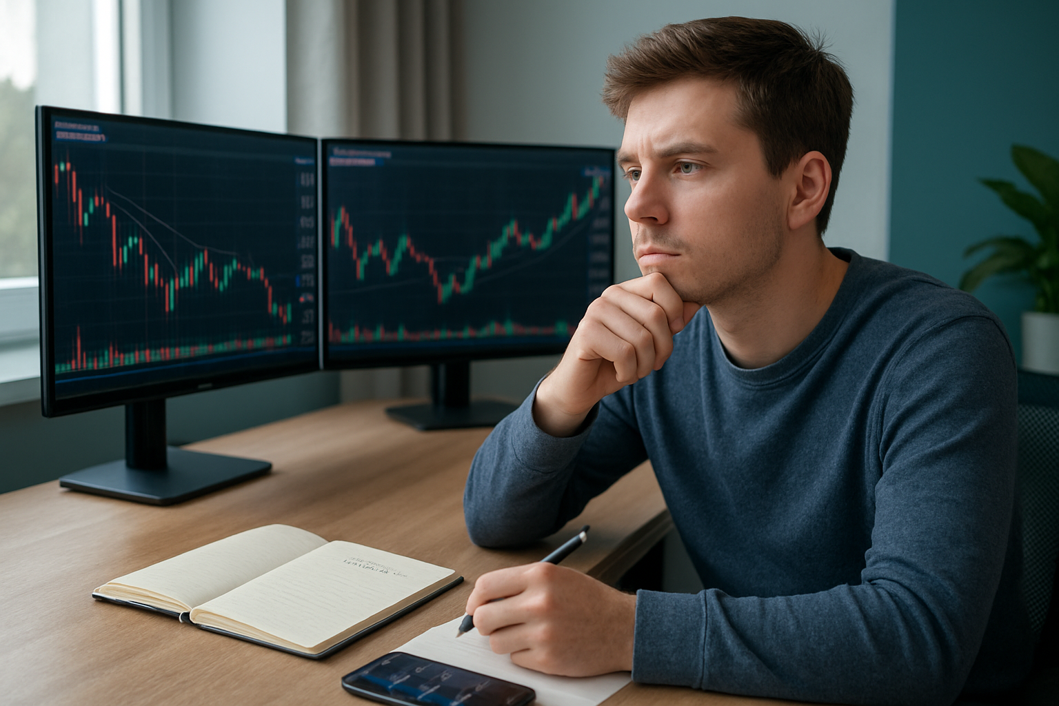 Create a realistic image of a young white male beginner trader sitting at a modern desk with dual monitors displaying trading charts and candlestick patterns, looking thoughtful while holding a pen over a notebook with pros and cons lists, with a smartphone showing trading app notifications nearby, soft natural lighting from a window creating a contemplative atmosphere, clean modern office environment with subtle blue and green accent colors, the person appearing to be carefully weighing important decisions about his financial future, absolutely NO text should be in the scene.