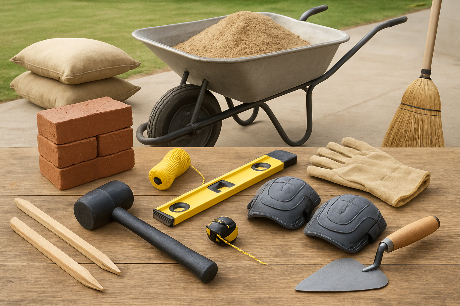 Create a realistic image of essential tools and materials for building a brick patio arranged neatly on a wooden workbench or ground surface, including red clay bricks stacked in small piles, a rubber mallet, spirit level, measuring tape, string line, wooden stakes, sand bags, a wheelbarrow filled with sand, work gloves, knee pads, a broom, and a trowel, all displayed in good natural daylight with a clean outdoor workshop or backyard setting in the background, absolutely NO text should be in the scene.