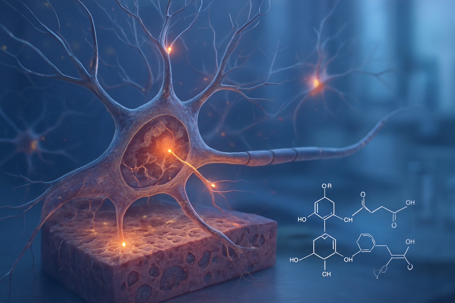 Create a realistic image of a detailed scientific illustration showing brain neurons and synapses with glowing neural pathways, featuring a cross-section view of brain tissue with visible neurotransmitter receptors and molecular structures, set against a clean laboratory background with soft blue and purple lighting to emphasize the neurological connections, accompanied by floating molecular diagrams of ibogaine compounds in the foreground, creating a professional medical research atmosphere that conveys the complexity of neurochemical processes, absolutely NO text should be in the scene.