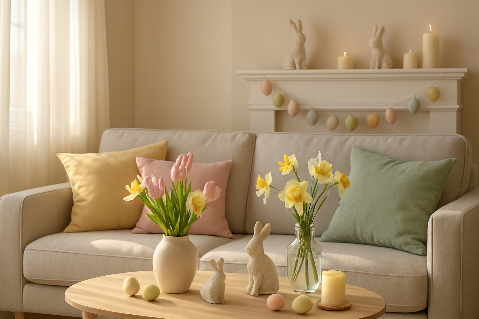 Create a realistic image of a cozy living room decorated for Easter with pastel-colored throw pillows in soft yellows, pinks, and greens on a comfortable sofa, fresh spring flowers like tulips and daffodils in elegant vases on a coffee table, Easter egg garlands hanging along a mantelpiece, bunny figurines and candles scattered throughout the space, warm natural sunlight streaming through windows with sheer curtains, creating a welcoming and festive atmosphere perfect for celebrating alone, with soft shadows and a peaceful, inviting mood throughout the room, absolutely NO text should be in the scene.