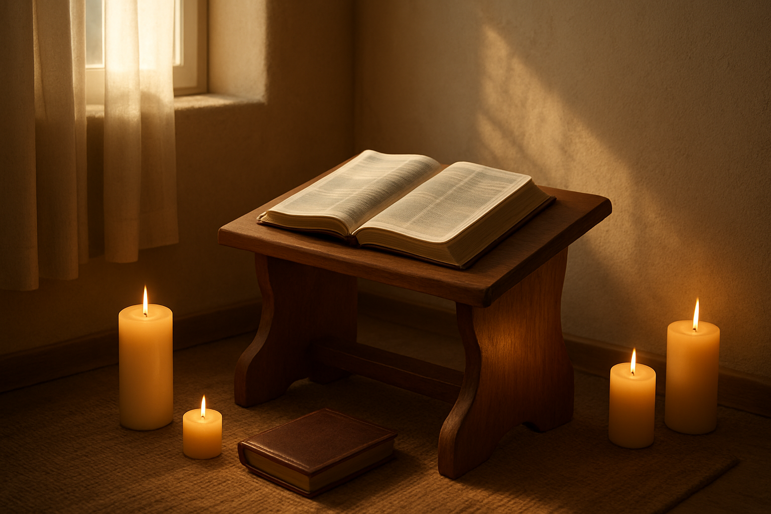 Create a realistic image of a peaceful meditation corner in a cozy room featuring a wooden prayer bench with an open Bible and leather-bound journal placed on top, surrounded by a few lit candles casting warm golden light, with soft morning sunlight streaming through a nearby window, creating a serene atmosphere that emphasizes solitude, contemplation, and spiritual practice, with warm earth tones throughout the scene and gentle shadows that enhance the tranquil mood perfect for inner reflection and spiritual growth, absolutely NO text should be in the scene.