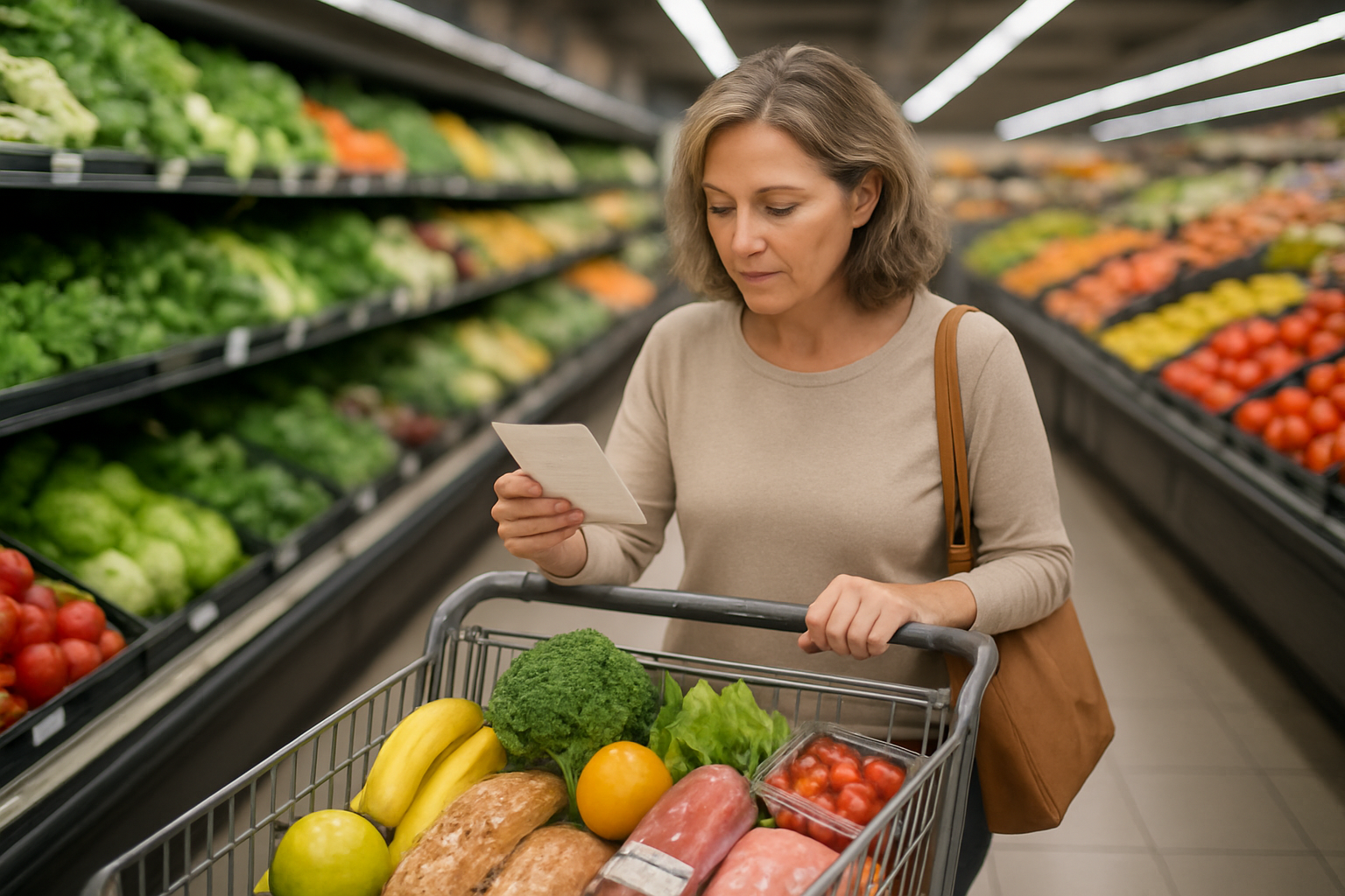 Create a realistic image of a middle-aged white female shopper pushing a grocery cart filled with fresh vegetables, fruits, lean meats, and whole grain products through the produce section of a modern supermarket, with her holding a handwritten shopping list while carefully selecting healthy foods, surrounded by colorful displays of fresh produce under bright fluorescent lighting, creating an organized and purposeful shopping atmosphere. Absolutely NO text should be in the scene.