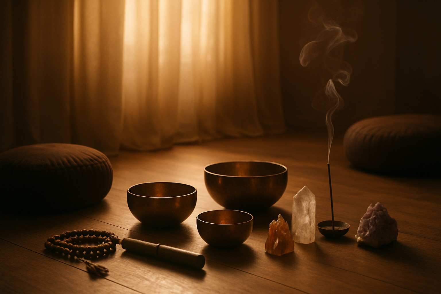 Create a realistic image of a serene meditation space with advanced meditation elements including singing bowls, crystal formations, incense burning with visible smoke wisps, prayer beads, and meditation cushions arranged on a wooden floor, with soft golden lighting filtering through sheer curtains creating an atmosphere of deep spiritual practice and contemplation, featuring warm earth tones and peaceful shadows that suggest advanced meditation techniques and deeper spiritual exploration, absolutely NO text should be in the scene.