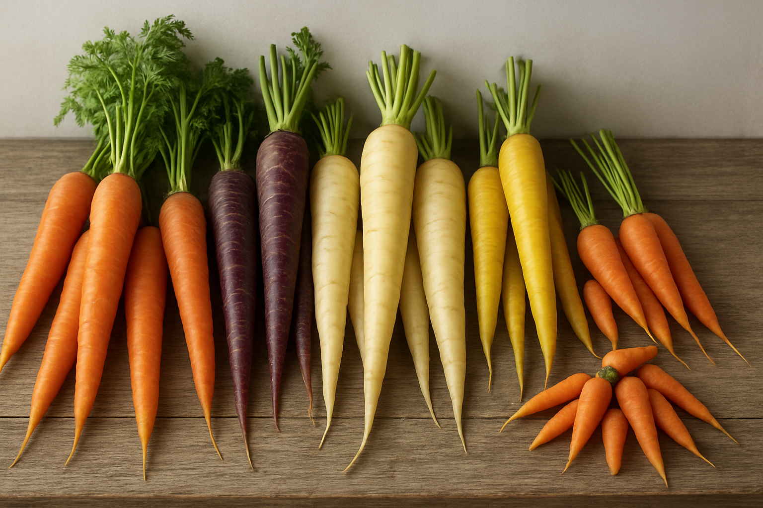 Create a realistic image of an elegant display showcasing different carrot varieties arranged on a rustic wooden surface, featuring orange carrots of various sizes, purple heritage carrots, white carrots, yellow carrots, and baby carrots, each variety naturally grouped together to highlight their distinct colors, shapes, and sizes, with soft natural lighting from above creating gentle shadows, some carrots still having fresh green leafy tops attached, set against a clean neutral background with subtle texture, captured in a bright, fresh, and appetizing mood that emphasizes the natural beauty and diversity of carrot varieties, absolutely NO text should be in the scene.