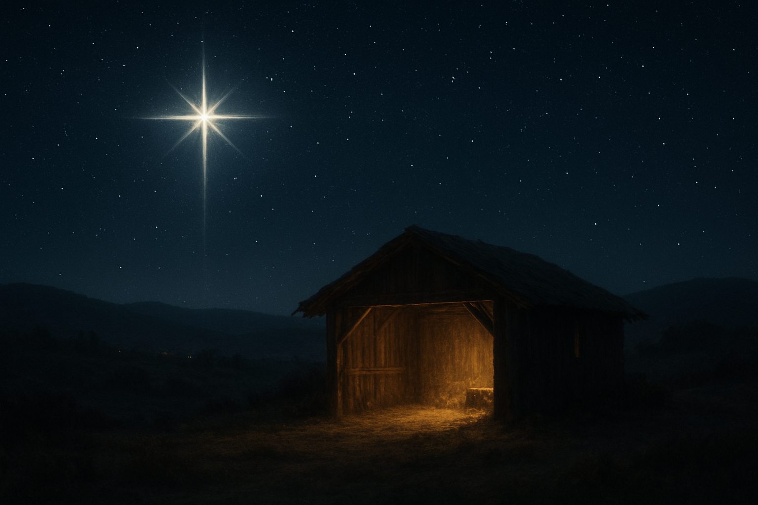 Create a realistic image of a peaceful nighttime scene showing the star of Bethlehem shining brilliantly in a dark starry sky above a humble stable, with warm golden light emanating from within the stable doorway, rolling hills of Bethlehem in the background, and a sense of divine presence and hope filling the atmosphere, shot with soft cinematic lighting that emphasizes the contrast between the bright celestial star and the gentle earthly glow, conveying themes of prophecy fulfilled, faith strengthened, and spiritual significance, absolutely NO text should be in the scene.