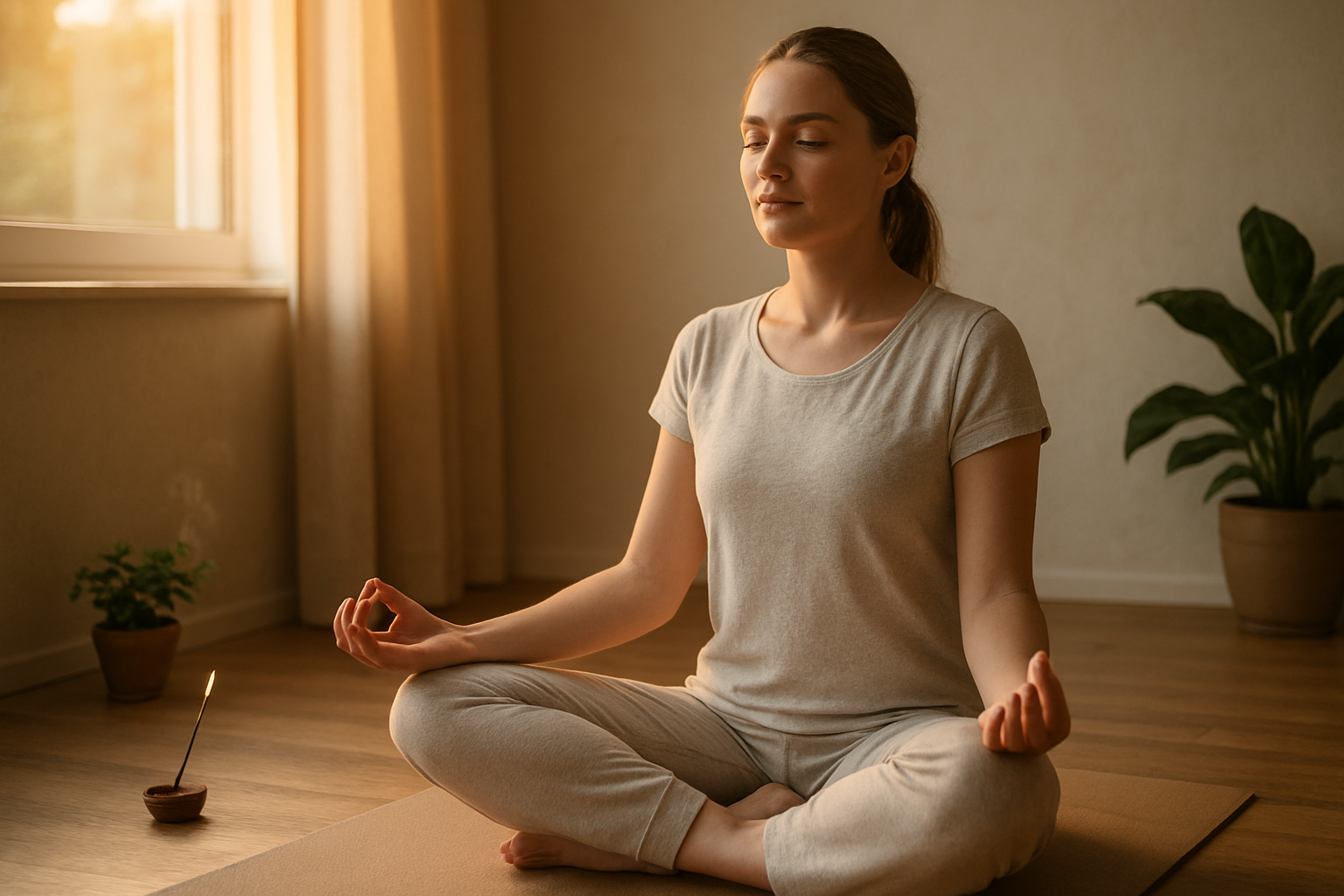 Create a realistic image of a peaceful meditation scene showing a white female in her 30s sitting cross-legged in lotus position on a wooden floor, eyes gently closed with hands resting on knees in mudra position, wearing comfortable light-colored clothing, surrounded by soft natural lighting from a nearby window, with subtle elements like a yoga mat, small potted plants, and burning incense creating a serene atmosphere, shot from a slight side angle to show proper meditation posture, with warm golden hour lighting creating a calm and focused mood, absolutely NO text should be in the scene.