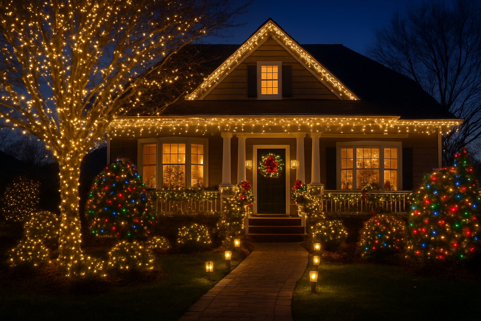 Create a realistic image of a beautiful residential home's front exterior at dusk with elaborate Christmas lighting displays illuminating the outdoor spaces, featuring warm white and colorful LED string lights wrapped around large trees, bushes, and porch railings, glowing pathway lights lining the walkway to the front door, illuminated wreaths and garland decorating the entrance, twinkling icicle lights hanging from the roofline, and festive yard decorations creating a welcoming holiday atmosphere that enhances the home's curb appeal, with a twilight sky backdrop and soft ambient lighting creating a magical winter evening scene, absolutely NO text should be in the scene.