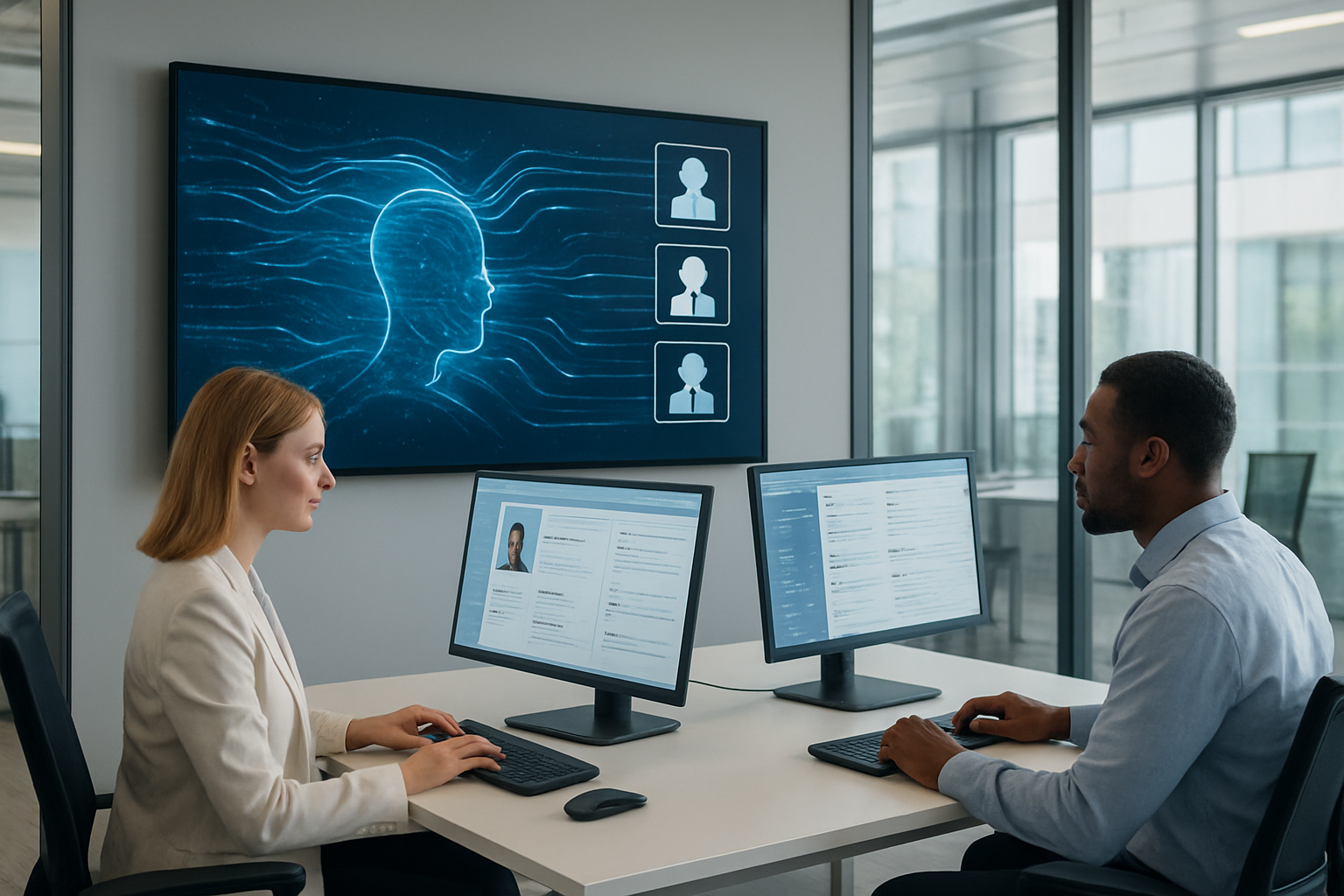 Create a realistic image of a modern office workspace showing an AI-powered recruitment system in action, featuring a large wall-mounted digital display with flowing data streams and employee profile icons being filtered through intelligent algorithms, a white female HR professional and a black male data analyst working at sleek workstations with multiple monitors showing candidate information and filtering criteria, surrounded by a bright contemporary office environment with glass partitions and soft natural lighting from large windows, conveying a sense of technological innovation and efficiency in human resources management, absolutely NO text should be in the scene.