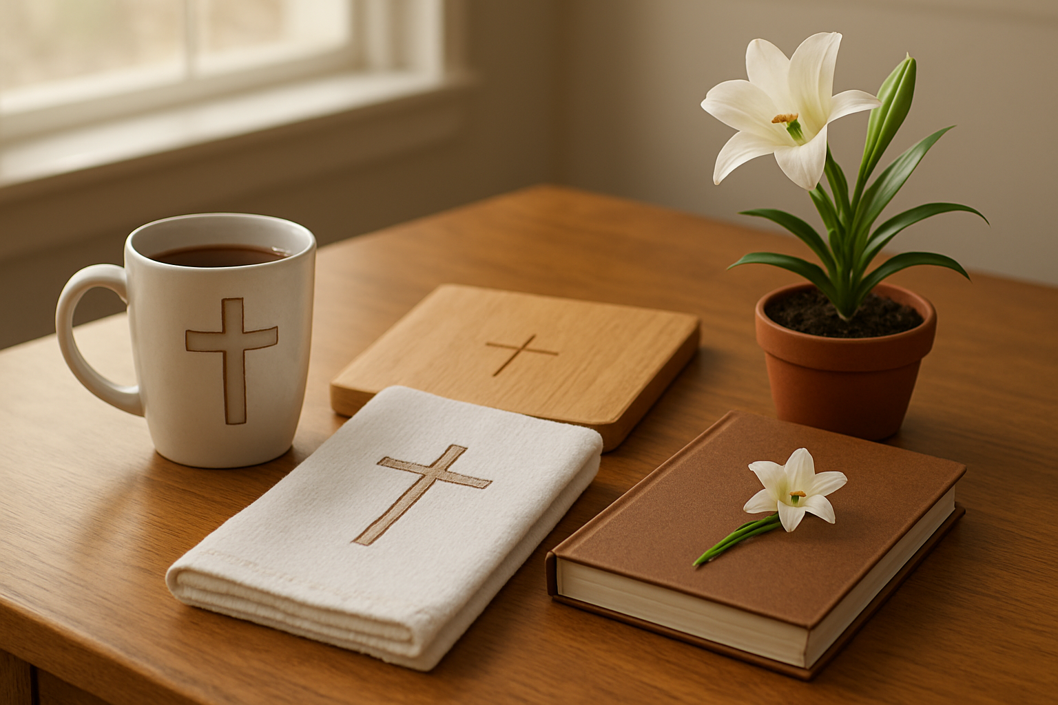 Create a realistic image of a beautifully arranged collection of practical Christian Easter gifts displayed on a wooden kitchen table, including a ceramic cross-decorated coffee mug filled with coffee, a scripture verse kitchen towel neatly folded, a wooden cutting board with subtle cross engravings, a devotional book with Easter lily bookmark, and a small potted Easter lily plant, all arranged in warm natural lighting from a nearby window with soft shadows, creating a peaceful and homey atmosphere that emphasizes daily usefulness and Christian faith, absolutely NO text should be in the scene.