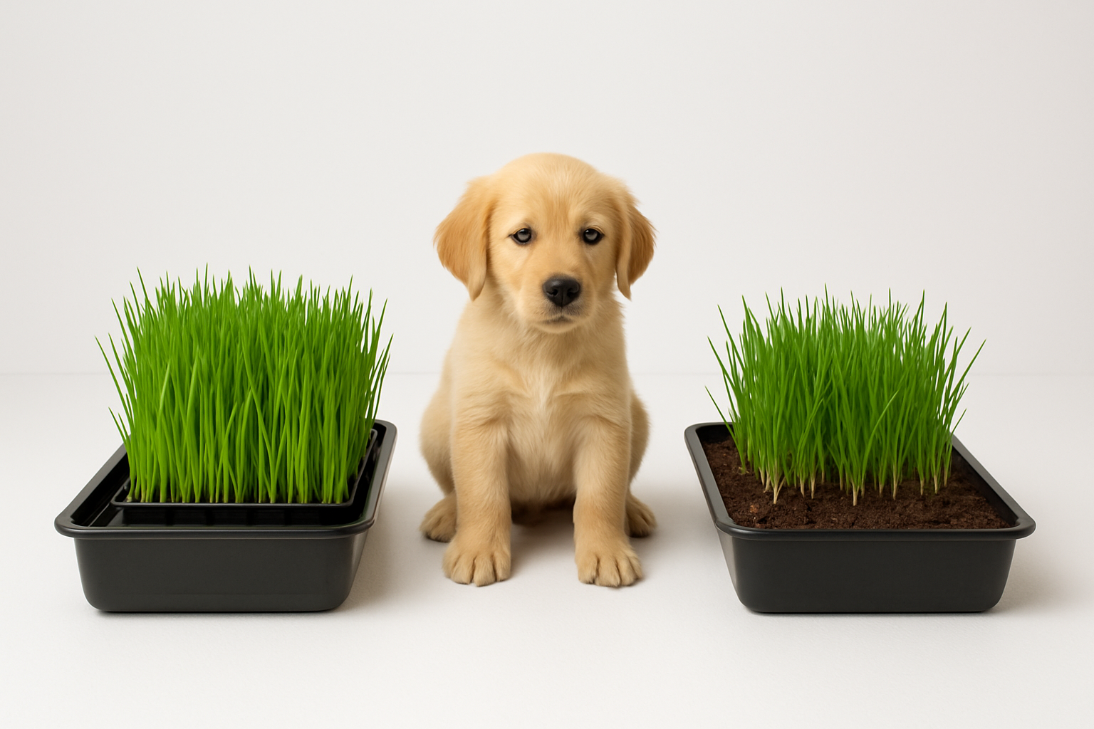 Create a realistic image of a split-screen comparison showing two identical rectangular puppy lawn areas side by side, the left side featuring a hydroponic grass system with visible growing trays, water reservoir, and artificially grown green grass, the right side showing natural real grass growing directly from soil, both systems placed on a clean white background with soft even lighting to highlight the differences between the two grass-growing methods, with a small playful golden retriever puppy positioned between both systems looking curiously at each option, indoor setting with neutral lighting, absolutely NO text should be in the scene.