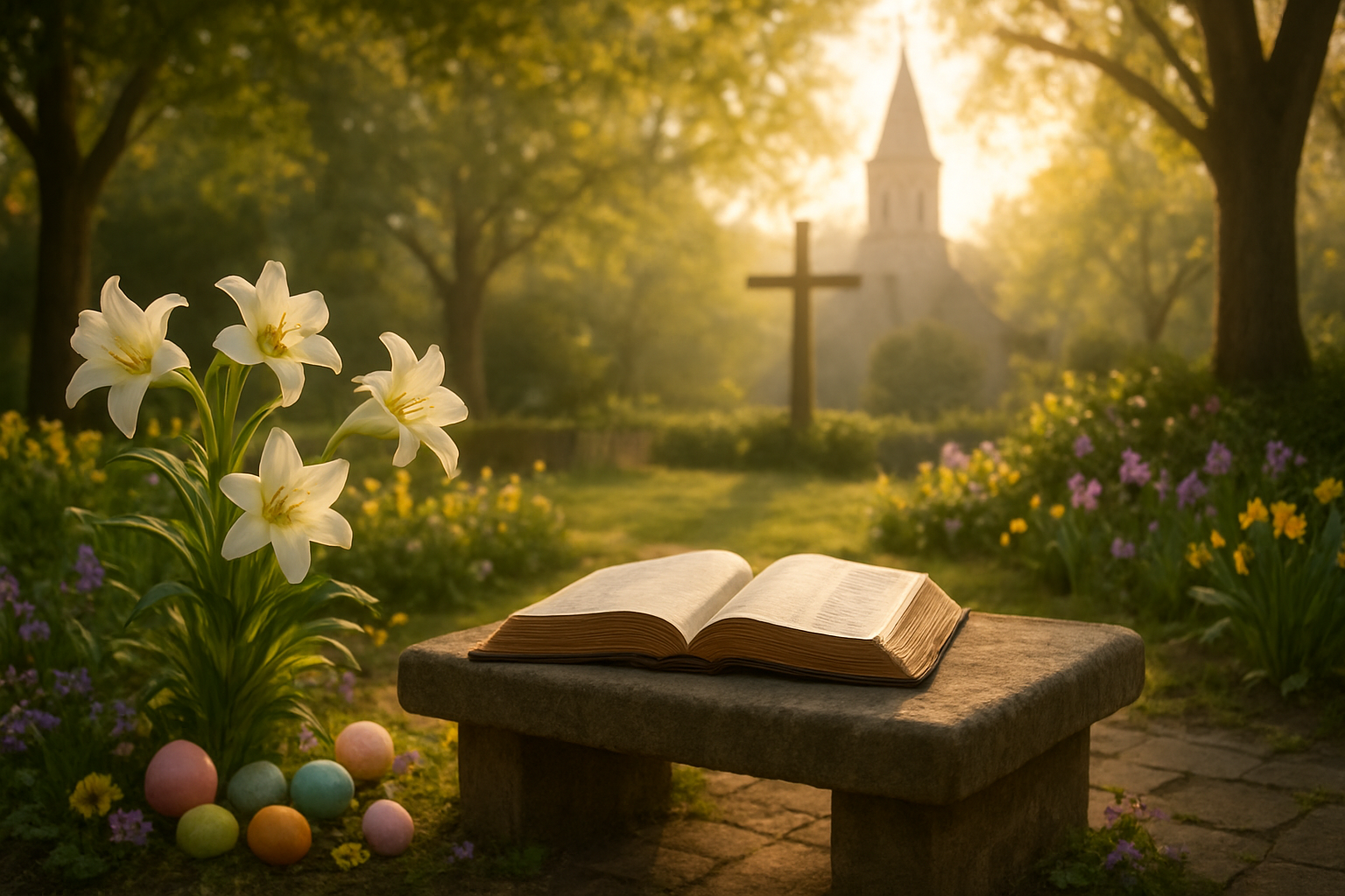 Create a realistic image of a peaceful church courtyard or garden setting with soft morning sunlight filtering through trees, featuring Easter lilies and spring flowers in bloom, a wooden cross or church steeple visible in the background, with scattered Easter eggs and religious symbols like a Bible resting on a stone bench, conveying a serene and contemplative atmosphere that represents the continuation of Easter celebration, warm golden lighting creating a sense of hope and renewal, absolutely NO text should be in the scene.