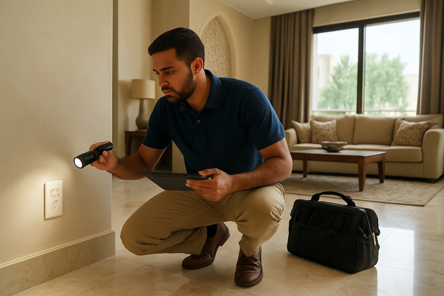 Create a realistic image of a professional Middle Eastern male home inspector in his 30s wearing a polo shirt and khakis, carefully examining the interior of a modern UAE home, holding a digital tablet and flashlight while inspecting electrical outlets, plumbing fixtures, and wall conditions in a well-lit living room with contemporary Arabian-style furnishings, marble floors, and large windows showing natural daylight, with his inspection tools and equipment bag visible nearby, capturing the thorough and methodical nature of a comprehensive interior inspection process, absolutely NO text should be in the scene.
