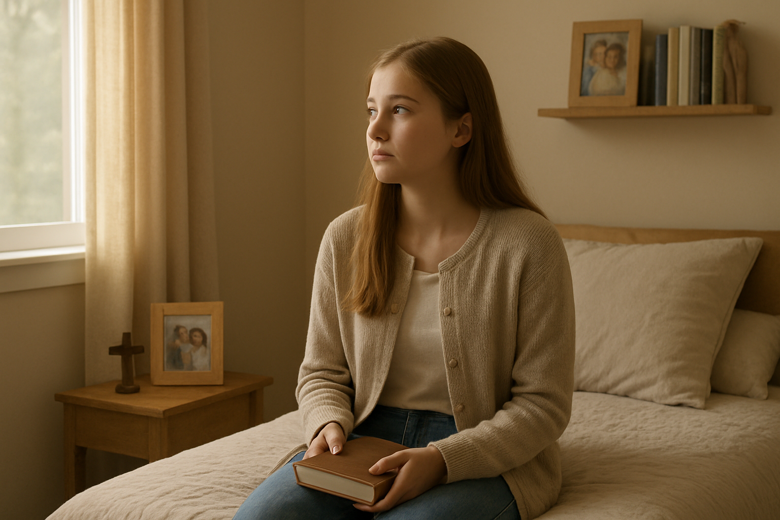 Create a realistic image of a young white female teenager sitting in a cozy bedroom with soft natural lighting from a window, wearing modest casual clothing like a cardigan and jeans, holding a journal or book while looking thoughtfully towards the window, with a peaceful and contemplative mood, surrounded by elements suggesting faith and values like a small cross on a nightstand, family photos, and books on a shelf, with warm pastel colors creating a serene atmosphere that represents navigating personal values in today's world, absolutely NO text should be in the scene.