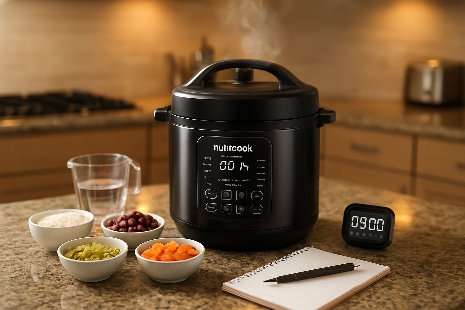 Create a realistic image of a modern kitchen countertop featuring a sleek black Nutricook Smart Pot Electric Pressure Cooker 4L as the central focus, surrounded by various cooking test scenarios including small bowls with different ingredients like rice, beans, vegetables, and meat portions, a digital timer, measuring cups, a notepad with a pen for recording results, steam rising from the pressure cooker indicating active cooking, warm kitchen lighting creating a professional testing environment atmosphere, clean granite countertop surface, and subtle kitchen appliances blurred in the background, absolutely NO text should be in the scene.