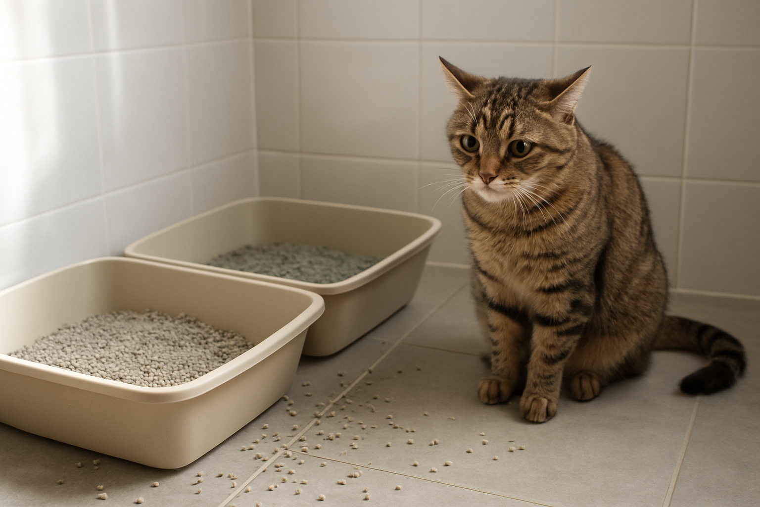 Create a realistic image of a concerned-looking tabby cat sitting hesitantly next to two litter boxes side by side, one containing traditional clay litter and another with green eco-friendly litter, with scattered litter granules on the bathroom floor around the boxes, the cat's body language showing uncertainty with ears slightly back and tail twitching, soft natural lighting from a nearby window creating gentle shadows, clean modern bathroom setting with white tiles, the scene conveying the challenge of transitioning pets to new products, absolutely NO text should be in the scene.