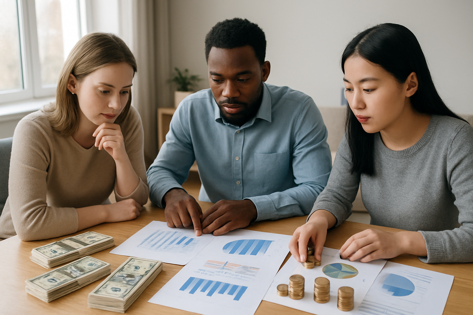 Create a realistic image of a diverse group of three people - a white female, black male, and Asian female - sitting around a modern wooden table with different stacks of money, coins, and investment materials like charts and documents spread across the surface, each person examining different financial options based on varying amounts of capital, set in a bright, well-lit modern office or home study environment with natural lighting from a window, conveying a thoughtful and strategic planning atmosphere. Absolutely NO text should be in the scene.