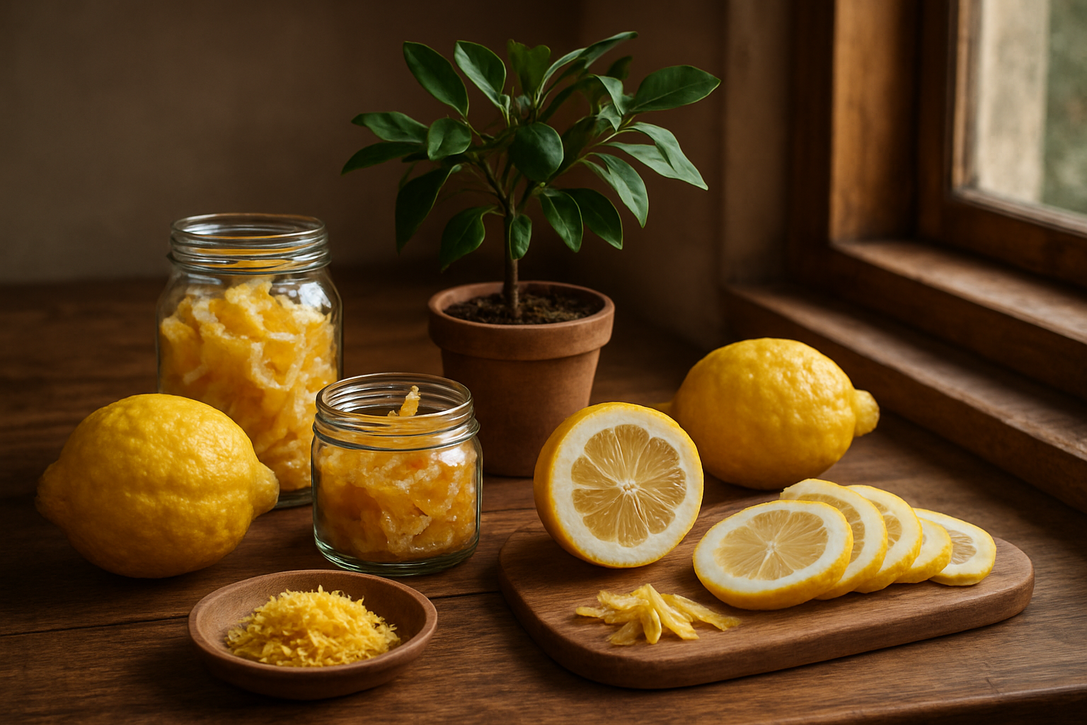 Create a realistic image of a beautifully arranged display showcasing the complete citron fruit journey, featuring whole fresh citron fruits with their distinctive bumpy yellow skin alongside sliced citron pieces revealing the thick white pith, a small potted citron tree with green leaves and developing fruits, various citron-based culinary preparations including candied citron peels in glass jars and fresh citron zest, all artfully arranged on a rustic wooden kitchen counter with warm natural lighting streaming from a window, creating an inviting and educational atmosphere that celebrates the versatility and beauty of citron fruit, absolutely NO text should be in the scene.