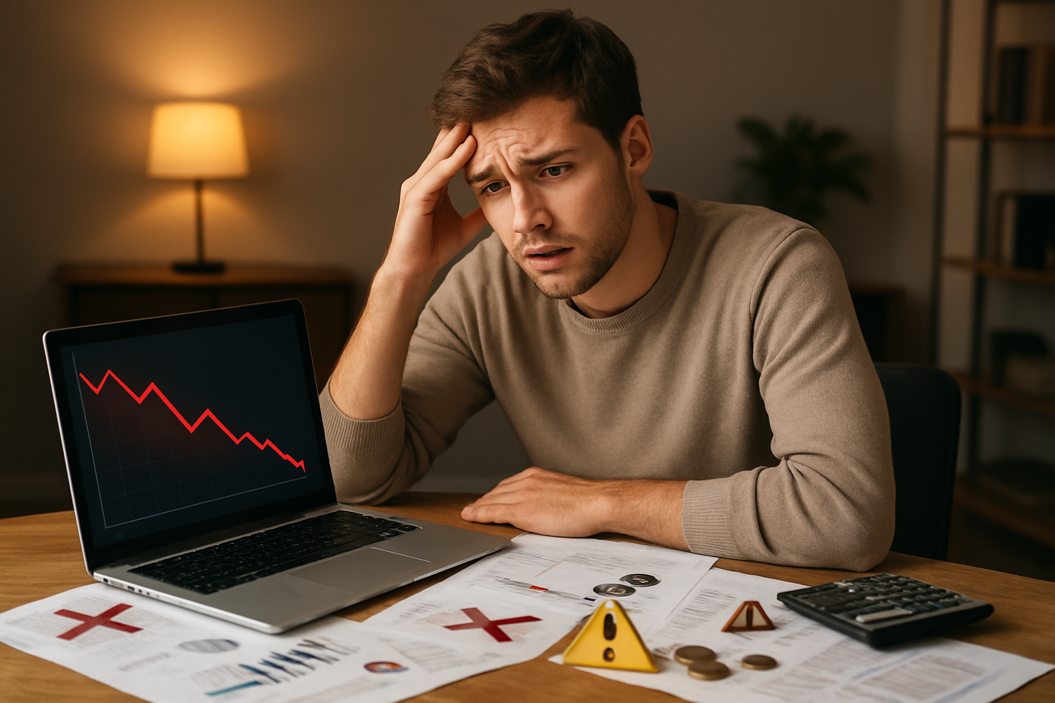 Create a realistic image of a young white male looking confused and concerned while sitting at a desk with scattered financial documents, a laptop showing red declining stock charts, and warning symbols like red X marks and caution signs subtly placed around investment-related materials including coins, calculator, and financial newspapers, set in a modern home office with warm lighting that conveys a learning atmosphere, absolutely NO text should be in the scene.