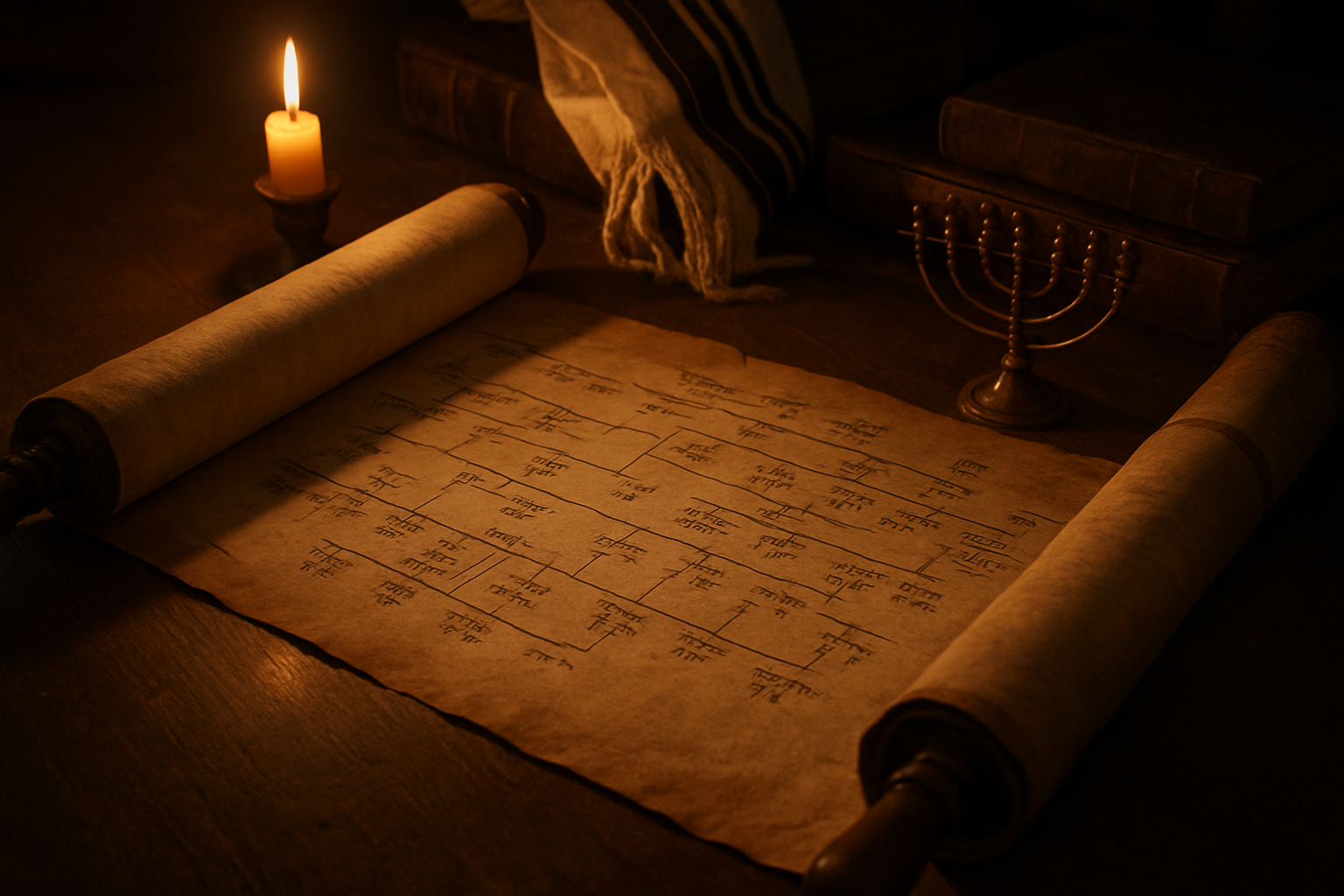 Create a realistic image of an ancient Middle Eastern genealogical scroll or family tree document laid open on a wooden table, with delicate Hebrew or Aramaic script visible on aged parchment, surrounded by soft candlelight that casts warm golden shadows, featuring traditional Jewish religious artifacts like a small menorah and prayer shawl in the background, with the scroll showing interconnected family lineage lines and names, set in a scholarly study environment with ancient books and scrolls nearby, creating a reverent and contemplative atmosphere that emphasizes the historical and theological significance of ancestral heritage, absolutely NO text should be in the scene.