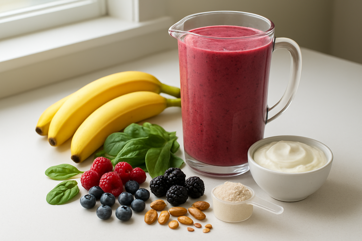 Create a realistic image of a vibrant protein-packed smoothie in a tall glass pitcher surrounded by fresh ingredients including bananas, berries, spinach leaves, protein powder scoop, Greek yogurt in a bowl, nuts, and seeds scattered on a clean white kitchen counter, with soft natural lighting from a nearby window creating a healthy and energizing atmosphere, shot from a slightly elevated angle to showcase all the nutritious ingredients, absolutely NO text should be in the scene.