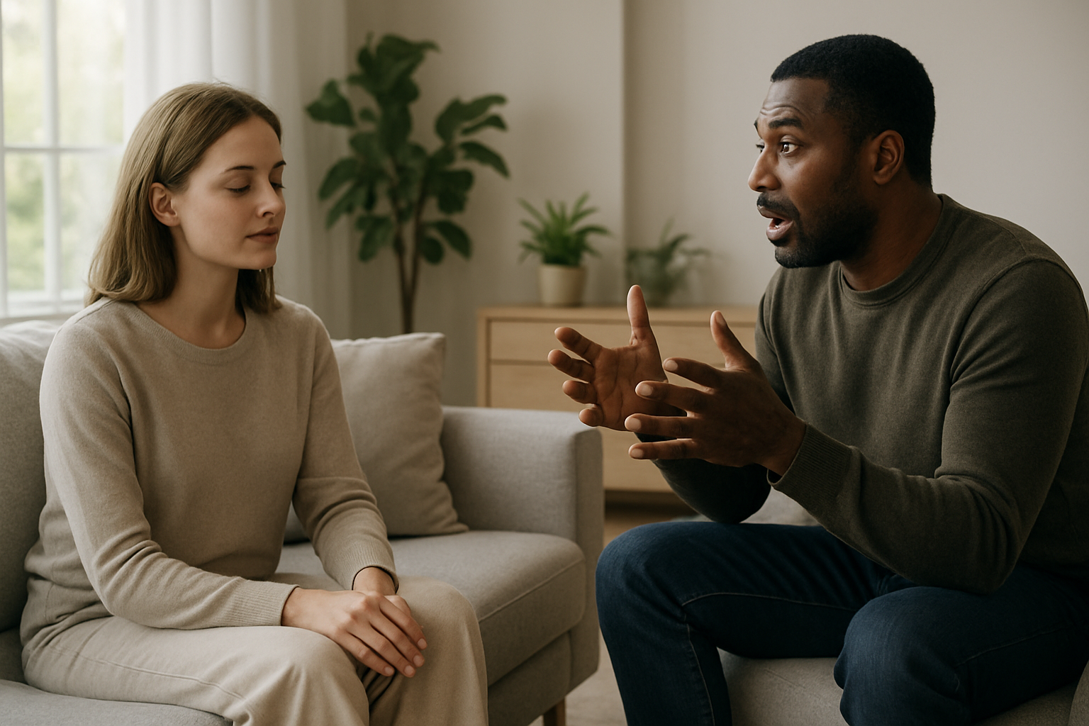 Create a realistic image of two people sitting across from each other in a peaceful, modern living room setting - a white female in her 30s with a calm, serene expression and relaxed body language, and a black male in his 40s appearing animated or emotional while gesturing with his hands, with the woman maintaining emotional composure and slight physical distance, soft natural lighting filtering through large windows creating a tranquil atmosphere, neutral color palette with comfortable furniture, plants in the background suggesting growth and harmony, the scene capturing the contrast between emotional reactivity and peaceful detachment in relationships, absolutely NO text should be in the scene.