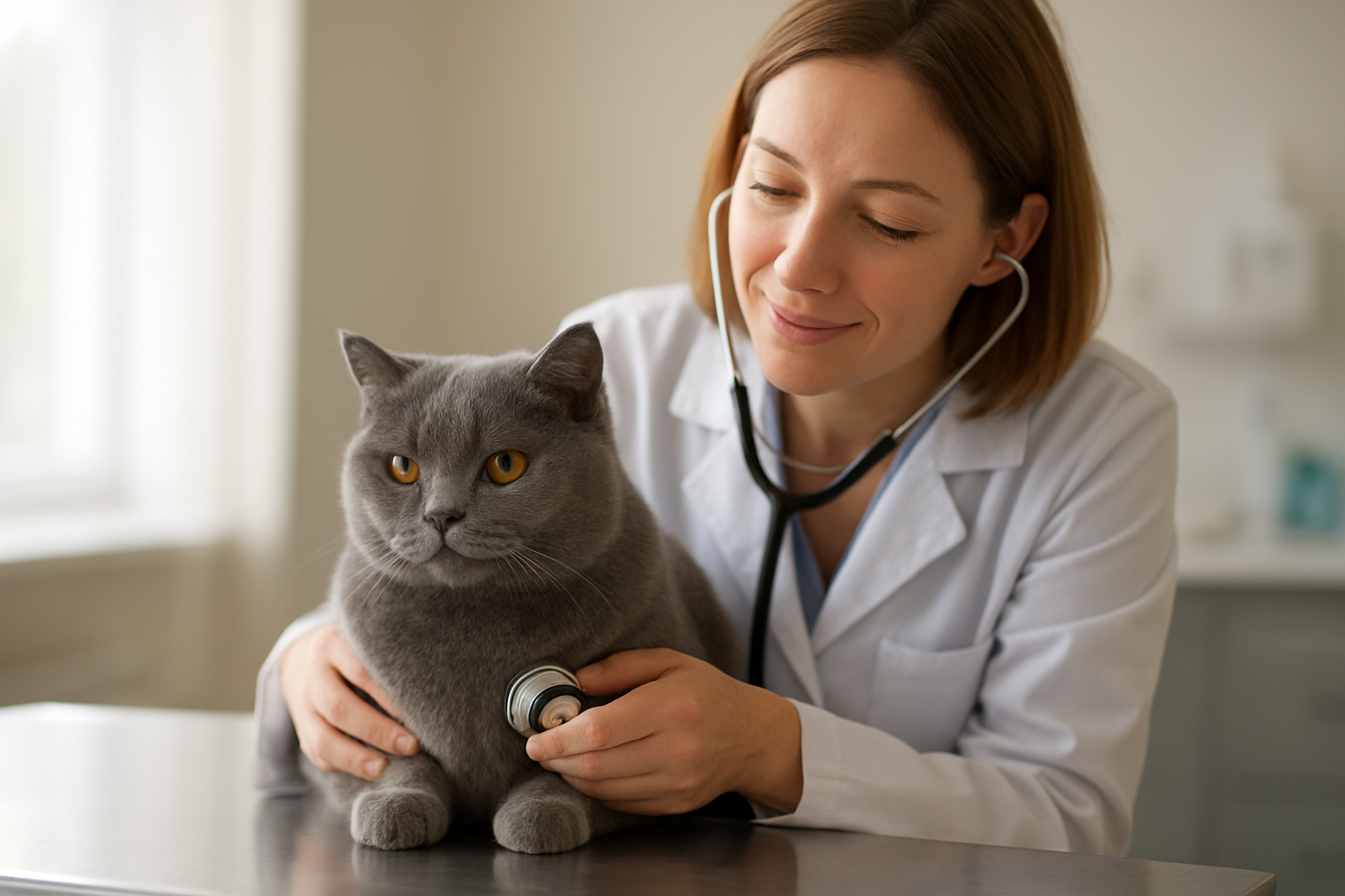 Create a realistic image of a beautiful British Shorthair cat with dense blue-gray fur sitting peacefully on a modern veterinary examination table, with a caring white female veterinarian in a white coat gently examining the cat with a stethoscope, showing a warm and trusting relationship between pet and healthcare provider, soft natural lighting streaming through a window creating a calm and reassuring atmosphere, with subtle medical equipment visible in the blurred background suggesting professional care, the scene conveying protection, health, and peace of mind for pet owners, absolutely NO text should be in the scene.