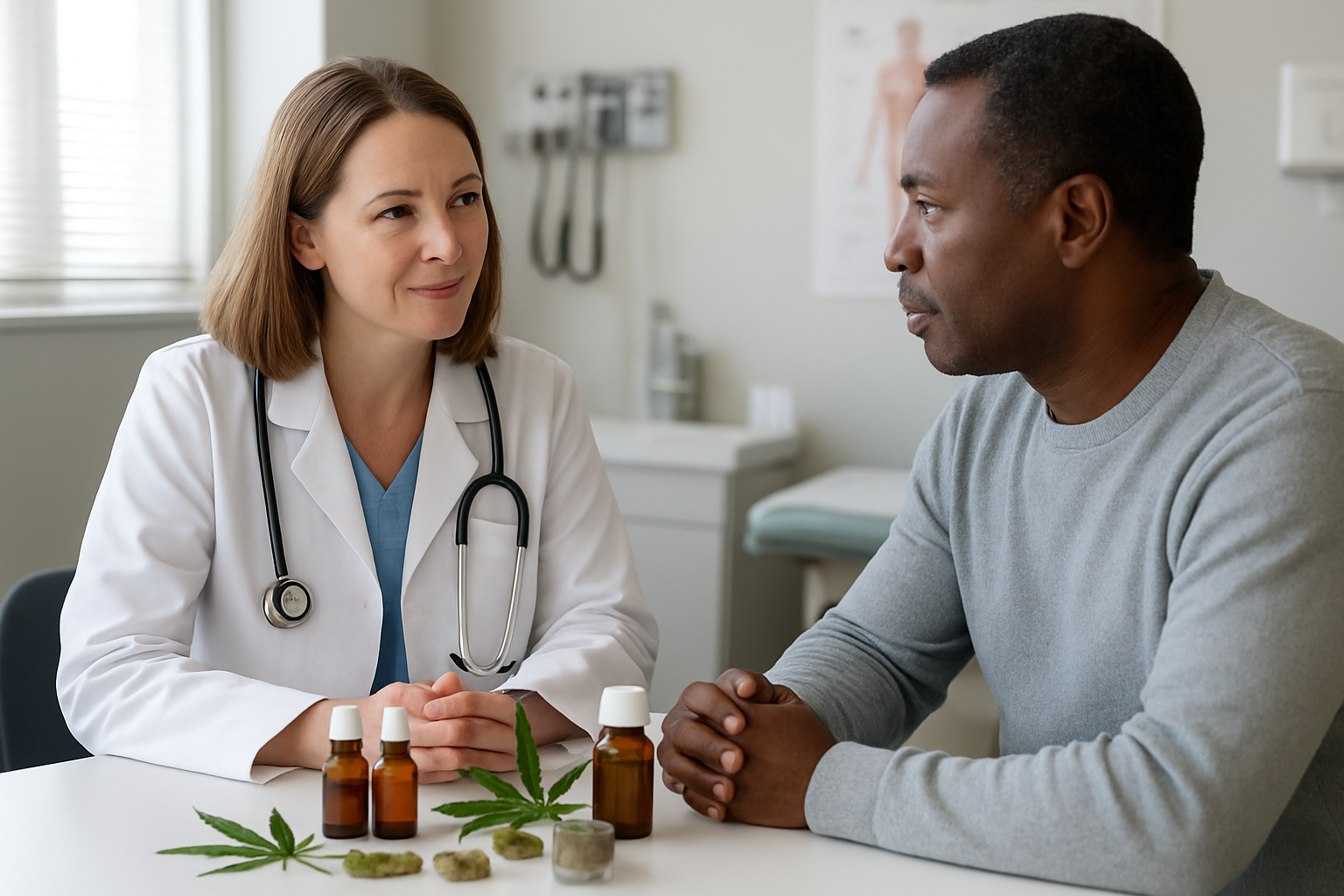 Create a realistic image of a clean, modern medical setting with a white female doctor in a white coat consulting with a middle-aged black male patient, with various cannabis products including medical marijuana bottles, CBD oils, and cannabis leaves arranged on a medical examination table, soft natural lighting from a window, professional healthcare atmosphere with medical charts and equipment visible in the background, conveying trust and medical professionalism, absolutely NO text should be in the scene.