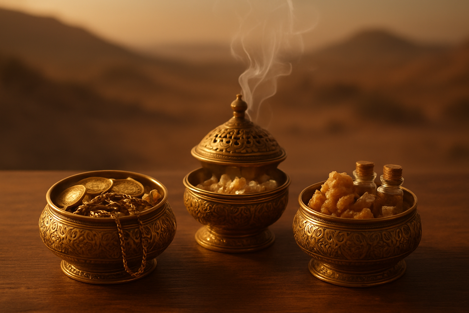 Create a realistic image of three ornate golden boxes or containers elegantly arranged on a wooden surface, one containing gold coins and jewelry, another with frankincense resin and burning incense creating gentle smoke, and the third with myrrh resin and small vials, with warm golden lighting casting soft shadows, a subtle Middle Eastern desert landscape visible in the blurred background, creating a reverent and contemplative atmosphere that symbolizes the conclusion of a spiritual journey of understanding, absolutely NO text should be in the scene.