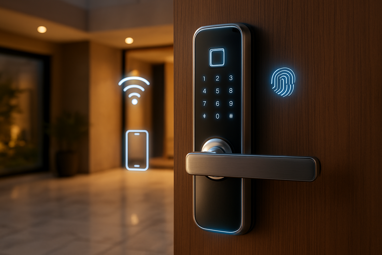 Create a realistic image of a modern smart door lock mounted on a sleek wooden door, showcasing key technological features with subtle glowing LED indicators, fingerprint scanner, digital keypad, and smartphone connectivity symbols floating around it, set against a contemporary UAE home entrance with marble flooring and warm ambient lighting that highlights the lock's premium metallic finish and advanced security features, Absolutely NO text should be in the scene.