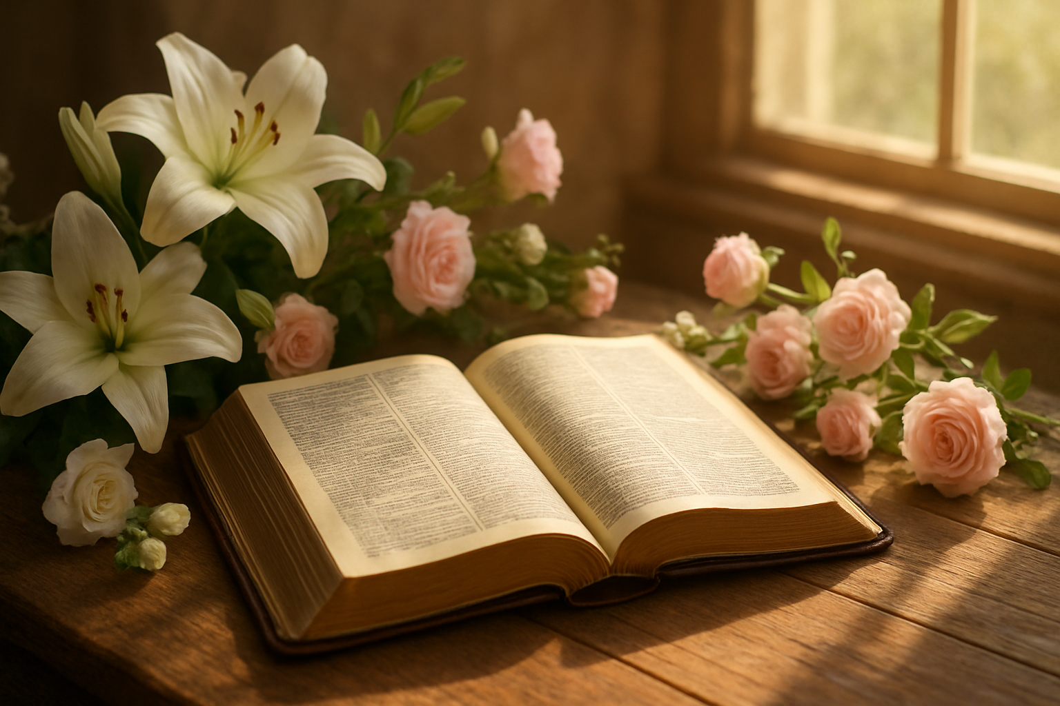 Create a realistic image of an open Bible with soft golden pages displayed on a wooden table, surrounded by delicate spring flowers like white lilies and pink roses, with warm natural sunlight streaming through a nearby window creating gentle shadows across the scene, conveying a peaceful and sacred atmosphere that represents divine guidance and the spiritual foundation of motherhood, absolutely NO text should be in the scene.
