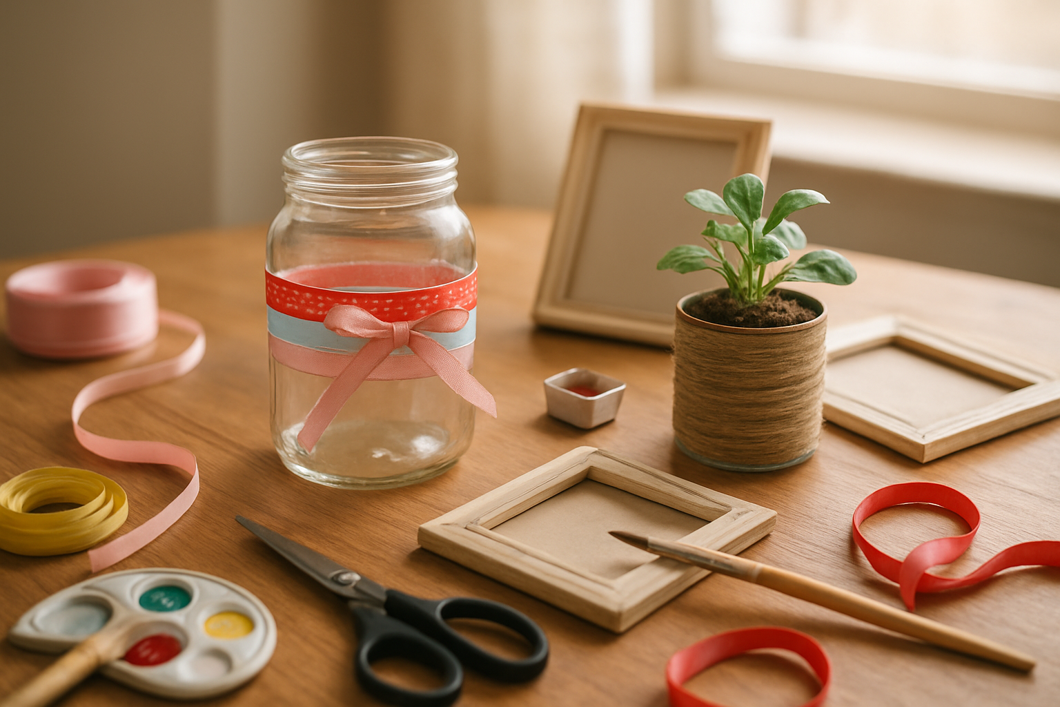 Create a realistic image of a crafting workspace on a wooden table featuring various household items being transformed into Mother's Day gifts, including an empty glass jar being decorated with ribbons, old photo frames being painted, a small potted plant in a repurposed tin can wrapped with twine, scattered craft supplies like scissors, paintbrushes, and colorful ribbons, soft natural lighting from a nearby window creating a warm and creative atmosphere, absolutely NO text should be in the scene.