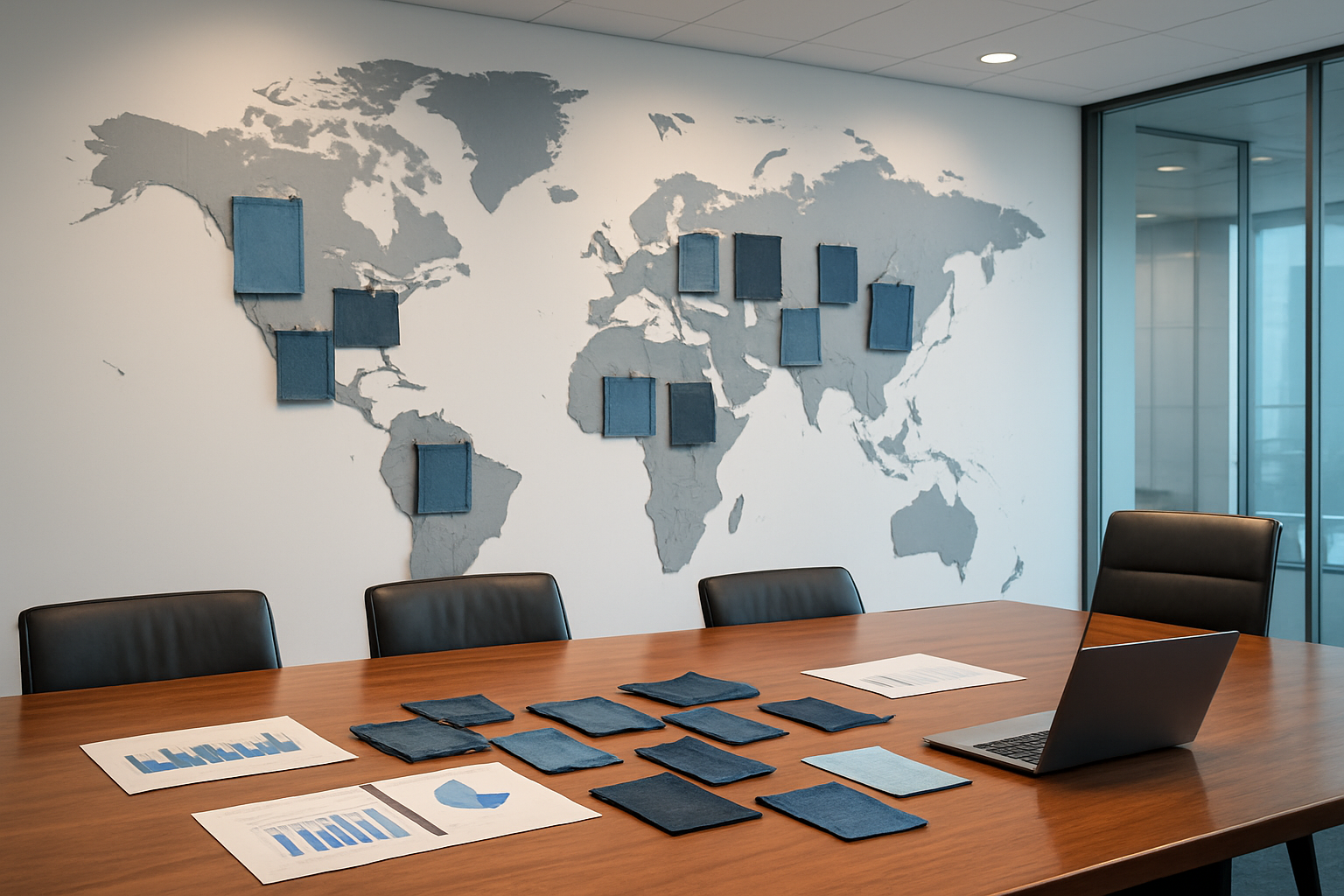 Create a realistic image of a world map displayed on a modern conference room wall with different denim fabric samples pinned to various countries and regions, showing diverse denim weights and washes, with a polished wooden conference table in the foreground containing scattered fabric swatches, market analysis charts, and a laptop computer, professional office lighting illuminating the scene, clean modern business environment with glass windows in the background, absolutely NO text should be in the scene.