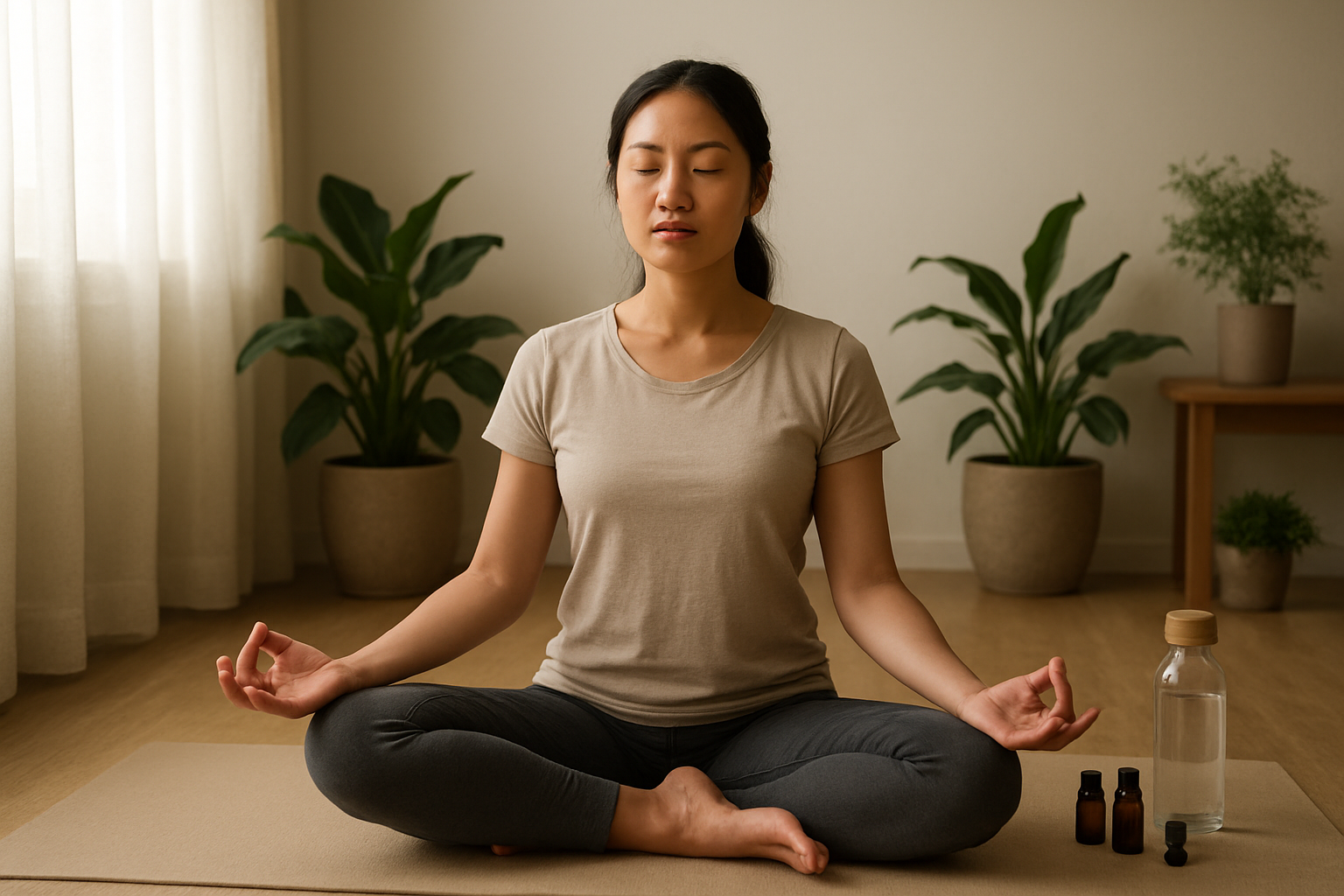 Create a realistic image of a calm Asian female sitting cross-legged in a peaceful meditation pose on a yoga mat in a serene indoor space with soft natural lighting filtering through a window, surrounded by green plants and wellness elements like essential oil bottles and a water bottle, with her eyes gently closed and hands resting on her knees in a mudra position, conveying tranquility and stress relief in a minimalist, clean environment with neutral earth tones, absolutely NO text should be in the scene.