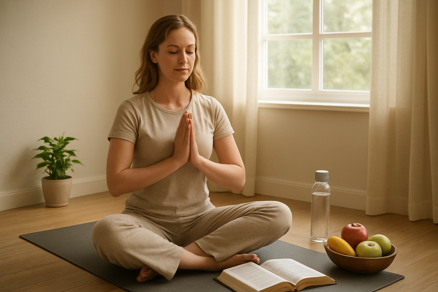 Create a realistic image of a serene indoor meditation space with a white female person in her 30s sitting cross-legged on a yoga mat in a prayer pose, surrounded by spiritual and wellness elements including an open Bible, a water bottle, fresh fruits, a small potted plant, and soft natural light streaming through a window, creating a peaceful atmosphere that connects faith and healthy living, absolutely NO text should be in the scene.