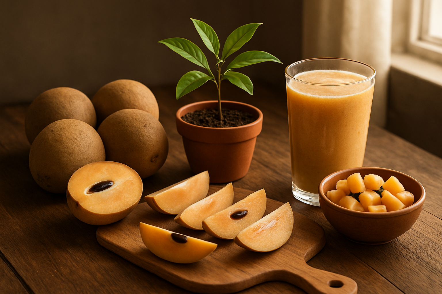 Create a realistic image of a vibrant conclusion scene showcasing the complete sapodilla journey with fresh whole sapodilla fruits with their characteristic brown skin alongside halved fruits revealing creamy flesh and dark seeds, a small sapodilla tree sapling in a terracotta pot, a wooden cutting board with sliced sapodilla pieces, a glass of fresh sapodilla smoothie, and a small bowl containing sapodilla fruit salad, all arranged on a rustic wooden table with soft natural lighting from a nearby window, warm and inviting atmosphere suggesting the comprehensive knowledge gained about this exotic fruit, absolutely NO text should be in the scene.