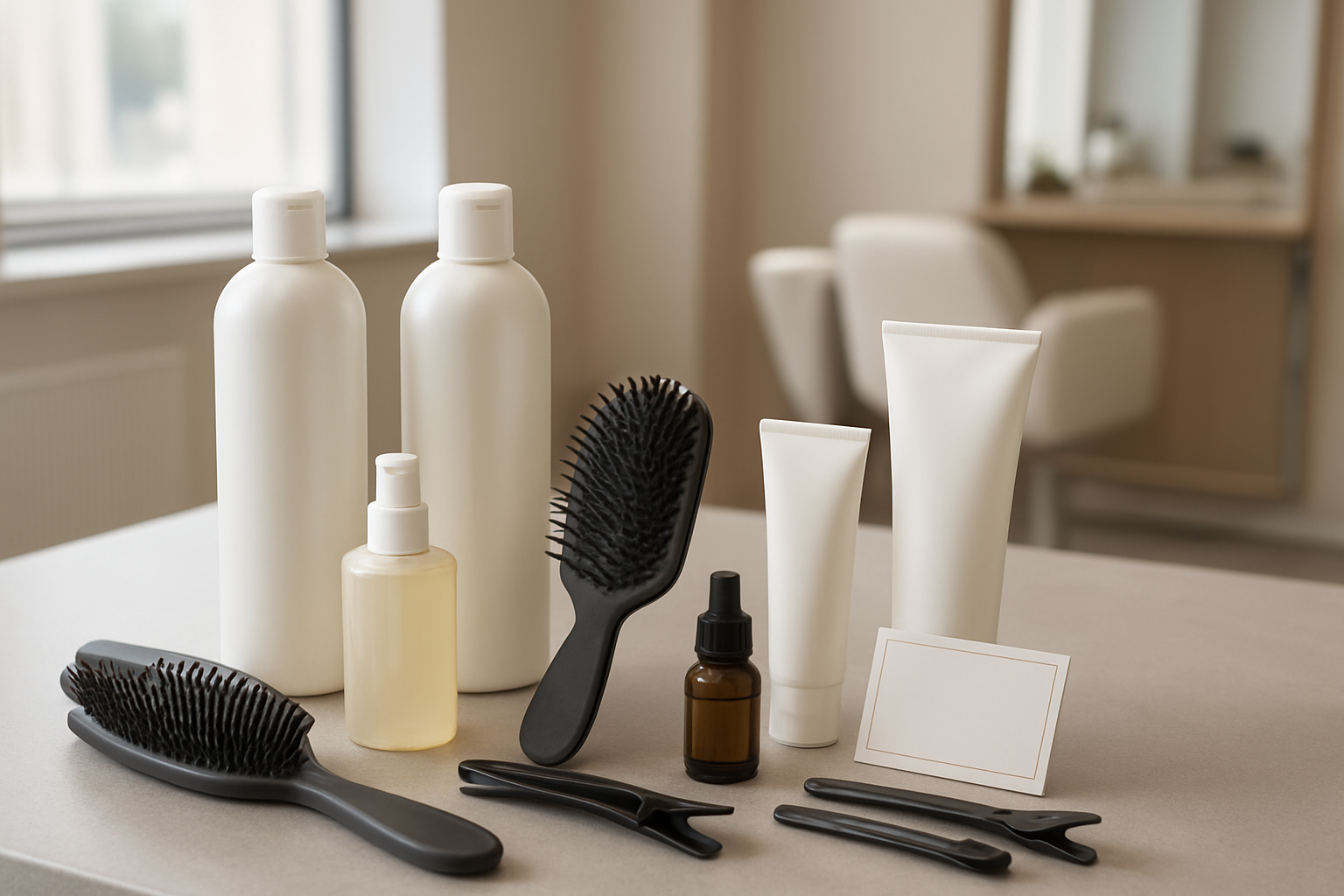 Create a realistic image of a professional hair care setup showing hair extension maintenance products and tools arranged on a clean salon counter, including specialized brushes for extensions, gentle shampoo bottles, conditioning treatments, hair oils, and professional styling tools, with soft natural lighting from a salon window, clean modern salon interior in the background, and a care instruction card visible among the products, conveying a professional and organized atmosphere for hair extension aftercare services, absolutely NO text should be in the scene.
