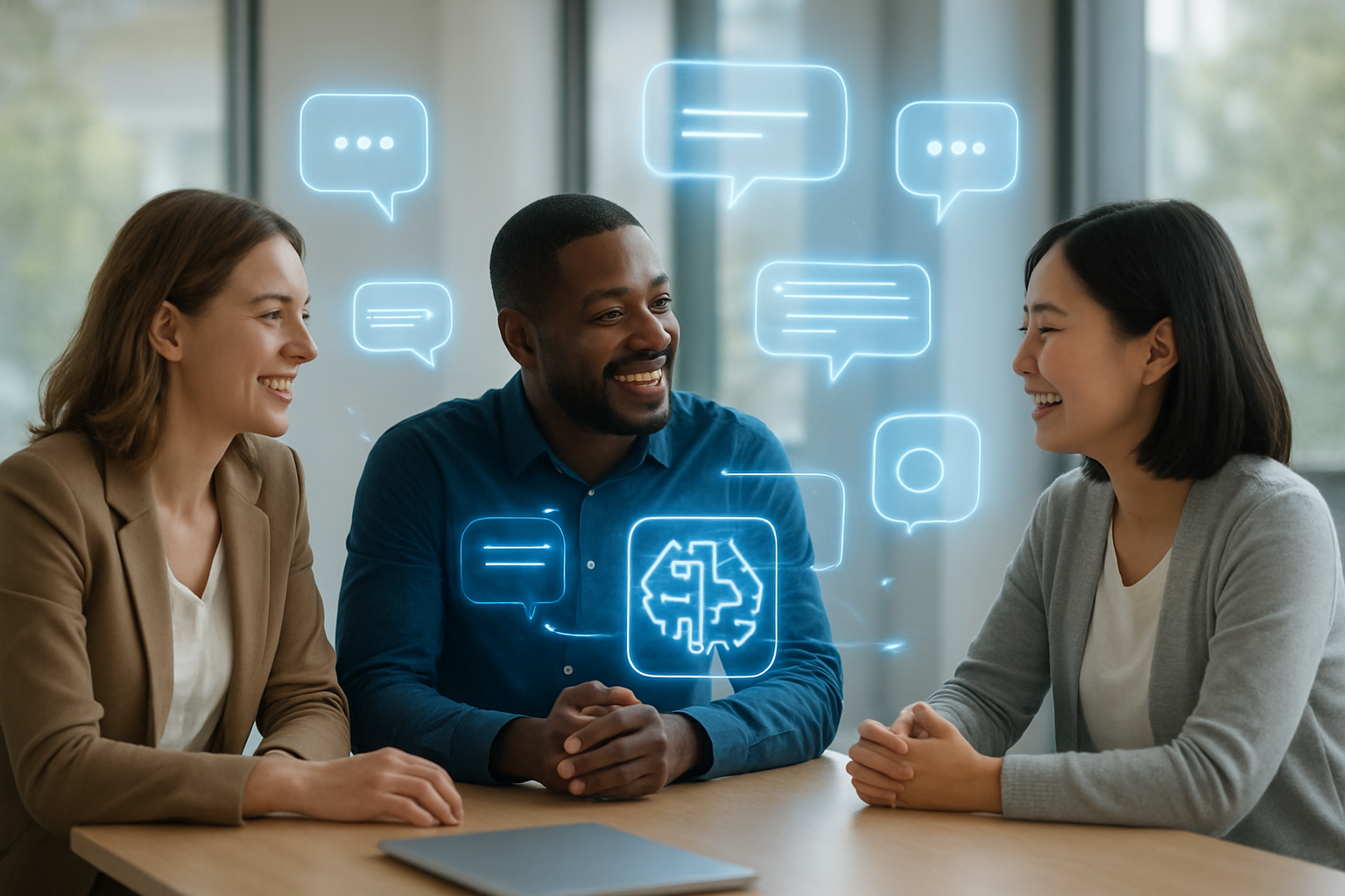 Create a realistic image of a diverse group of people including a white female, black male, and Asian female sitting around a modern conference table, naturally conversing with floating holographic AI interface elements and gentle blue glowing speech bubbles around them, set in a bright contemporary office space with large windows showing natural daylight, conveying an atmosphere of ease and accessibility in human-AI interaction, with soft ambient lighting creating a welcoming and breakthrough technology atmosphere, absolutely NO text should be in the scene.