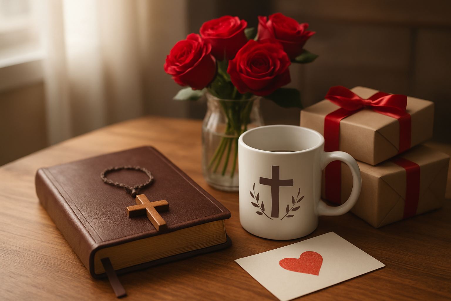 Create a realistic image of a beautifully arranged collection of Christian Valentine's gifts on a warm wooden table surface, featuring a leather-bound Bible with a bookmark, a wooden cross pendant necklace, a stylish Christian-themed coffee mug, a handwritten love note with a heart, red roses in a small vase, and wrapped gift boxes with red ribbons, all illuminated by soft natural lighting from a nearby window creating a romantic and spiritual atmosphere, with a cozy home interior background. Absolutely NO text should be in the scene.