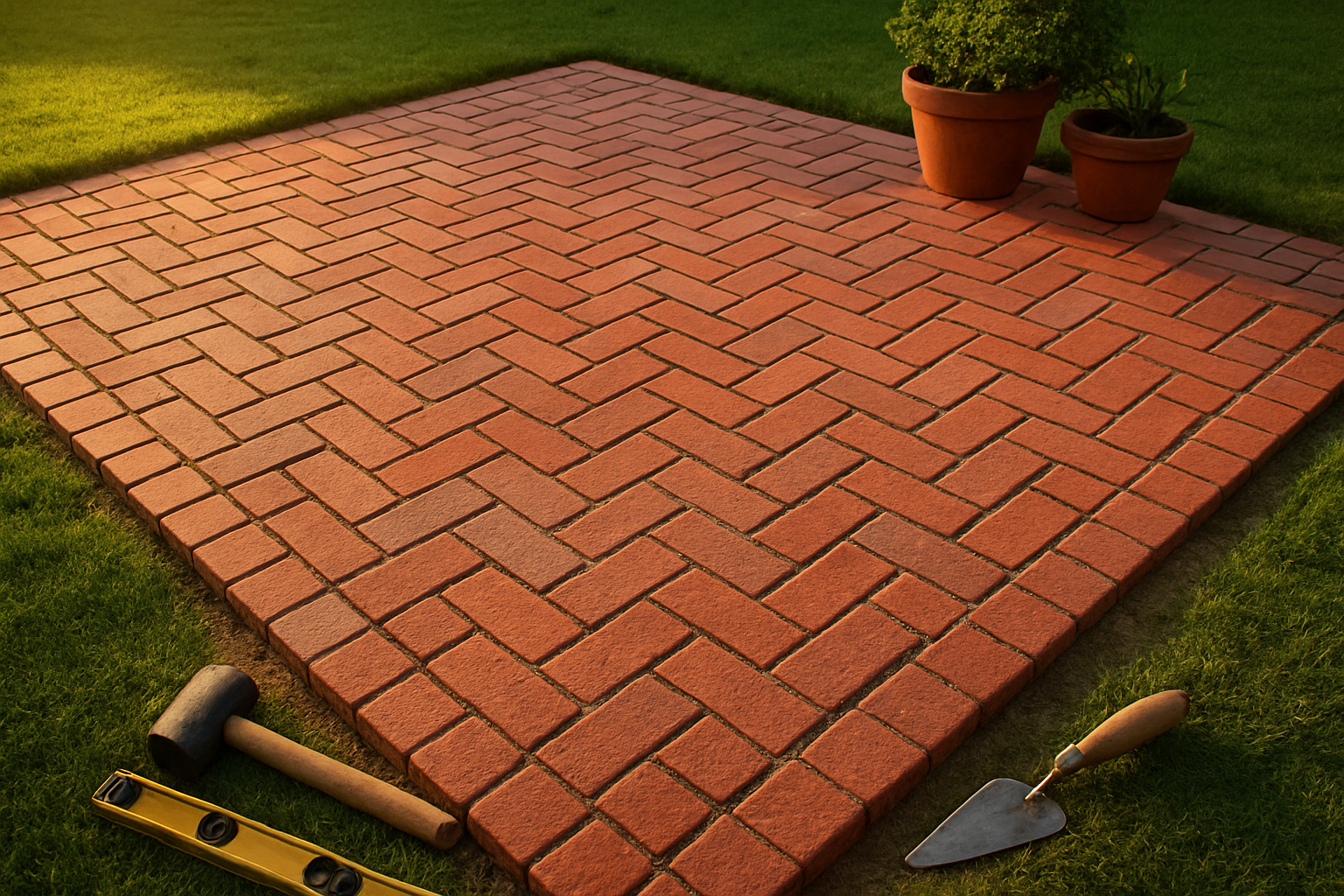 Create a realistic image of a beautifully completed brick patio with an intricate herringbone pattern, showing the finished result of a DIY project with neatly laid red clay bricks, clean mortar lines, and well-defined edges, surrounded by a manicured lawn and some potted plants, with construction tools like a rubber mallet, level, and trowel neatly arranged to one side on the grass, captured during golden hour lighting that highlights the texture and craftsmanship of the brickwork, conveying a sense of accomplishment and pride in completing a home improvement project, absolutely NO text should be in the scene.