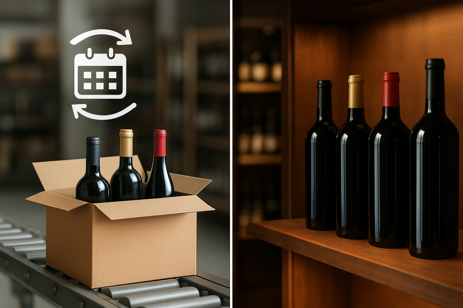 Create a realistic image of a split-screen comparison showing two distinct wine purchasing concepts: on the left side, a traditional subscription box with recurring calendar symbols and automatic delivery elements like conveyor belts or scheduled packages, and on the right side, a flexible wine bundle display with individual wine bottles arranged in customizable groupings on elegant wooden shelves, warm ambient lighting highlighting the difference between rigid subscription model versus flexible bundle purchasing options, clean modern wine shop interior background with subtle wine cellar atmosphere, absolutely NO text should be in the scene.