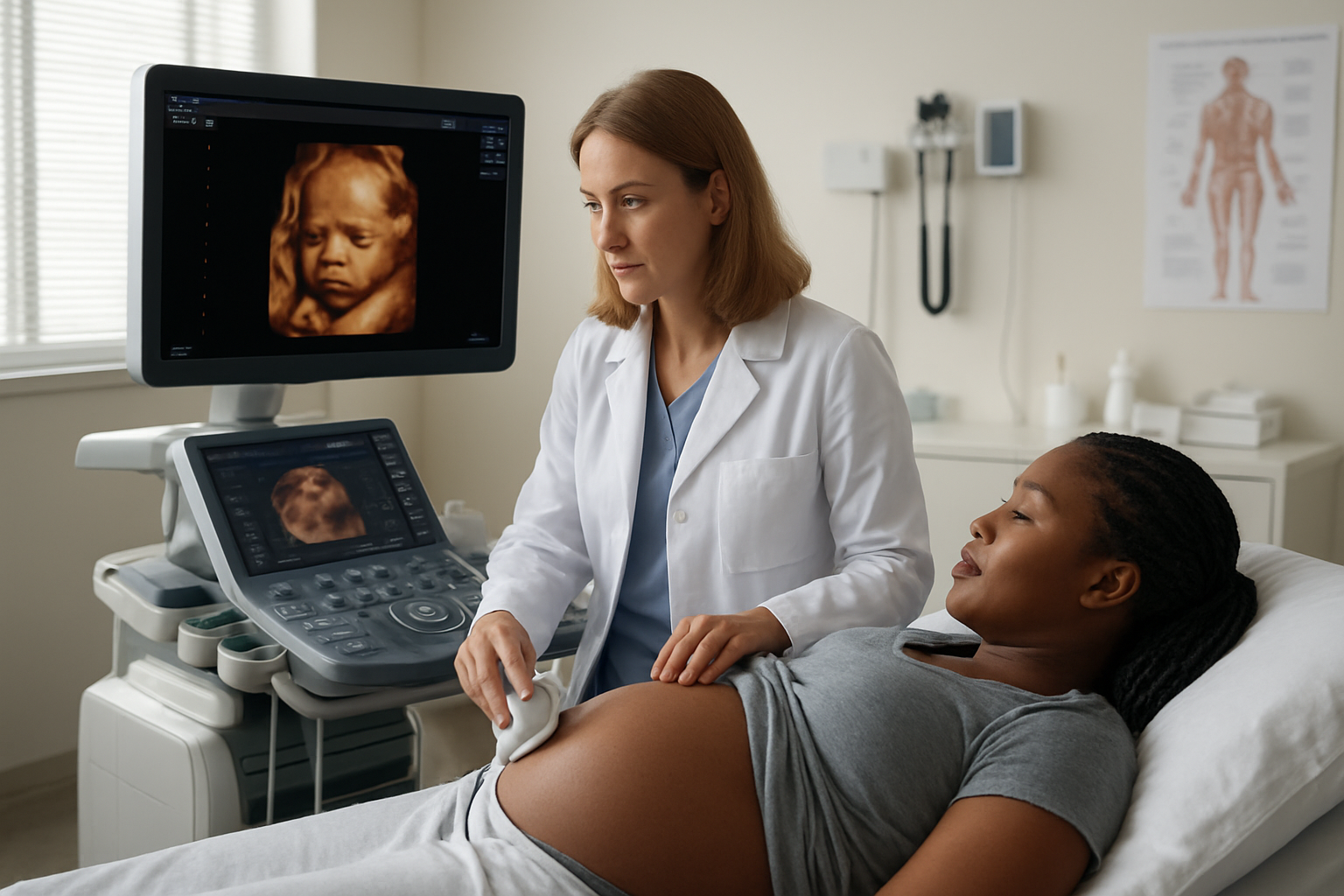 Create a realistic image of a modern medical ultrasound examination room with a white female doctor in a white coat performing a 5D ultrasound scan on a pregnant black female patient lying on an examination table, showing an advanced ultrasound machine with a large high-resolution monitor displaying detailed fetal images, medical charts and diagnostic equipment visible in the background, clean clinical environment with soft natural lighting from a window, professional healthcare setting emphasizing advanced diagnostic technology and patient care, absolutely NO text should be in the scene.