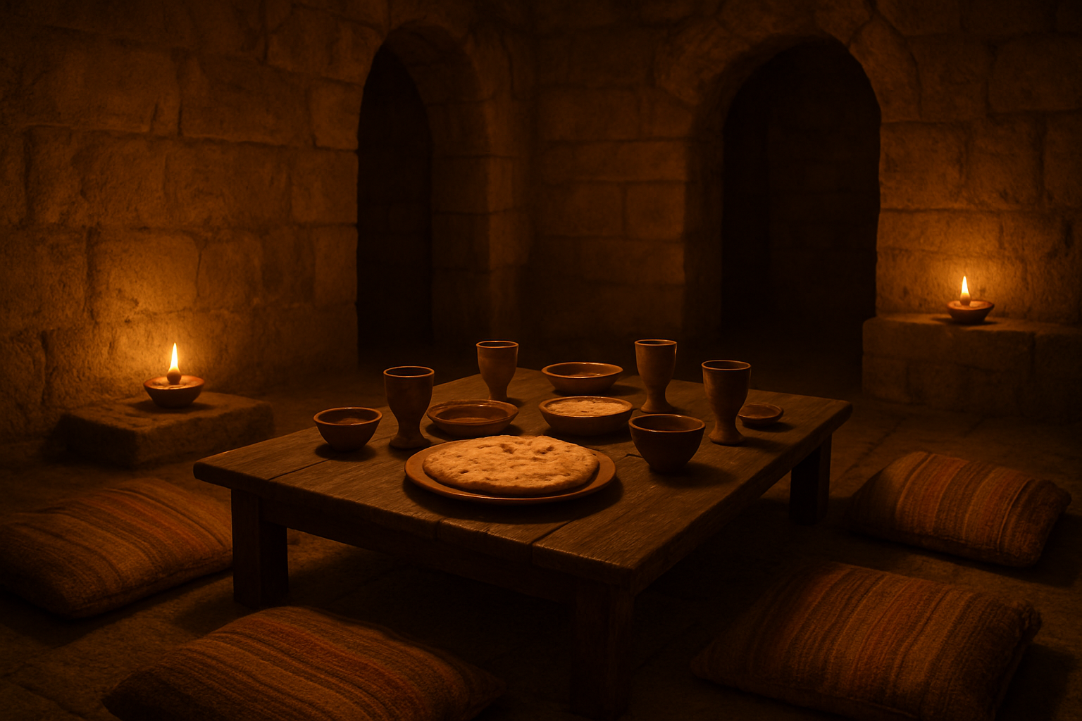 Create a realistic image of an ancient Middle Eastern dining room from the first century AD, featuring a low wooden table with clay dishes, unleavened bread, and wine cups arranged on it, surrounded by woven cushions and oil lamps casting warm golden light, with stone walls and archways in the background, creating an intimate evening atmosphere that reflects the historical setting of ancient Jerusalem during Passover time, with shadows dancing on the walls from flickering flames, absolutely NO text should be in the scene.